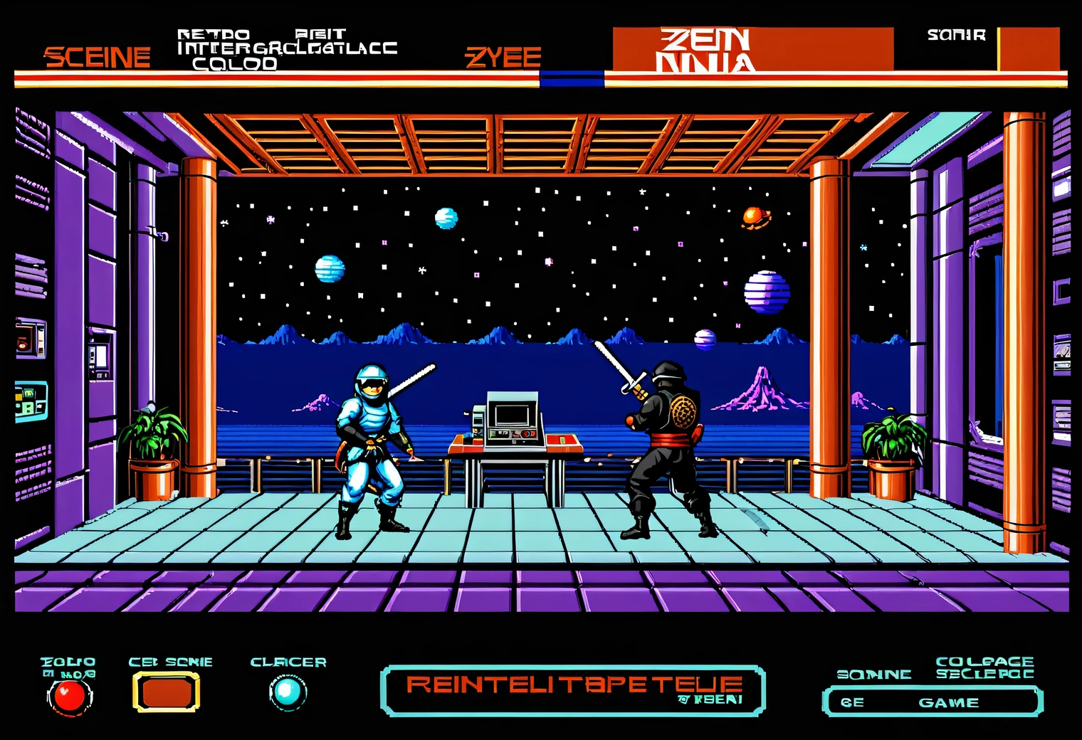 game scene from the retro game Zen: Intergalactic Ninja, 8-bit, 8-bit color palette, Nintendo entertainment system, retro textures, original gameplay, full compliance with the original game Zen: Intergalactic Ninja