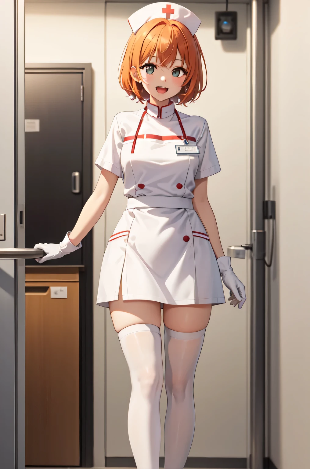1girl, solo, nurse, nurse cap, white nurse uniform, ((white legwear, zettai ryouiki)), white gloves, very short hair, orange hair, smile, open mouth, standing, ((hospital room)), sharp outline, short sleeves, tomboy, boyish, best quality, masterpiece
