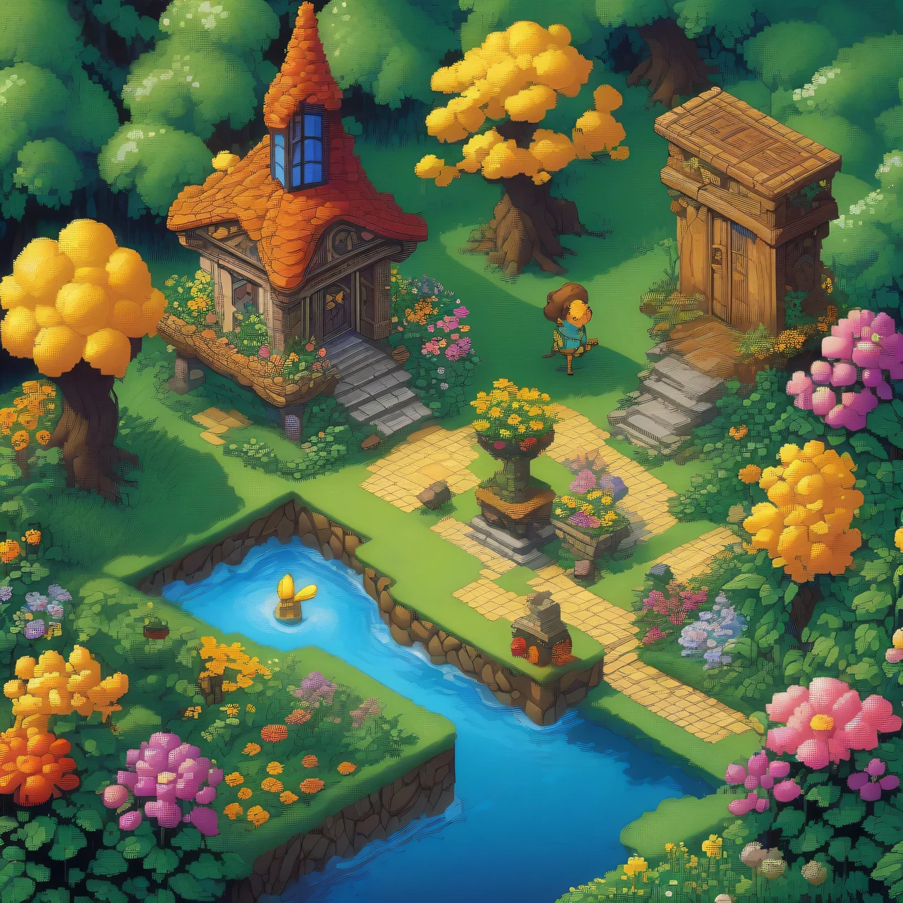 Come up with and depict an isometric view of a previously unknown retro game for the Nintendo Entertainment System about beautiful fairy-tale creatures in a magical world in which the hero is a beautiful fairy-tale kind creature collects colorful flowers and receives points and bonuses for this, detailed study, depth of plot, texture smoothing 16 bits, color depth 16 bits, the year of publication of the game 1980
