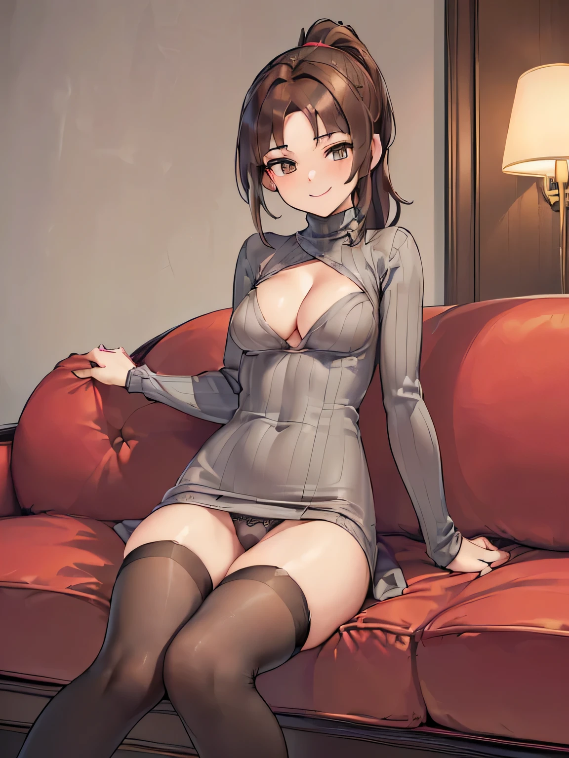 (Masterpiece, top quality, high resolution, realistic photo, realistic looking skin:1.1),
(The woman is sitting on a sofa in a hotel lobby:1.8),
(The dress is so short you can almost see her panties: 1.8),
(We are looking at her from the front viewpoint:1.8),
(She has a smirking, smiling expression on her face:1.8),
(Since this is a hotel, there are no large thigh-highs or standing knees or any other mannerisms: 2.0),
(She is wearing a gray long-sleeved turtleneck mini knit dress: 1.8),
(The dress has a gap around her chest, revealing her cleavage: 1.8),
(She is wearing a pair of black middle boots: 1.8),
(Panties are red with a pattern: 1.8),
(bra and panties always come as a set: 1.5),
(Medium ponytail with brown hair:1.5),
(Small face:1.5),
(She is 25 years old: 1.5),
(She has D-cup breasts, so you can see her cleavage through her breasts: 1.5),
(The place is a sofa in a hotel lobby:1.5),
1 Japanese girl, solo, full bodied esbian, beautiful eyes, shining eyes, shining thighs, NSFW