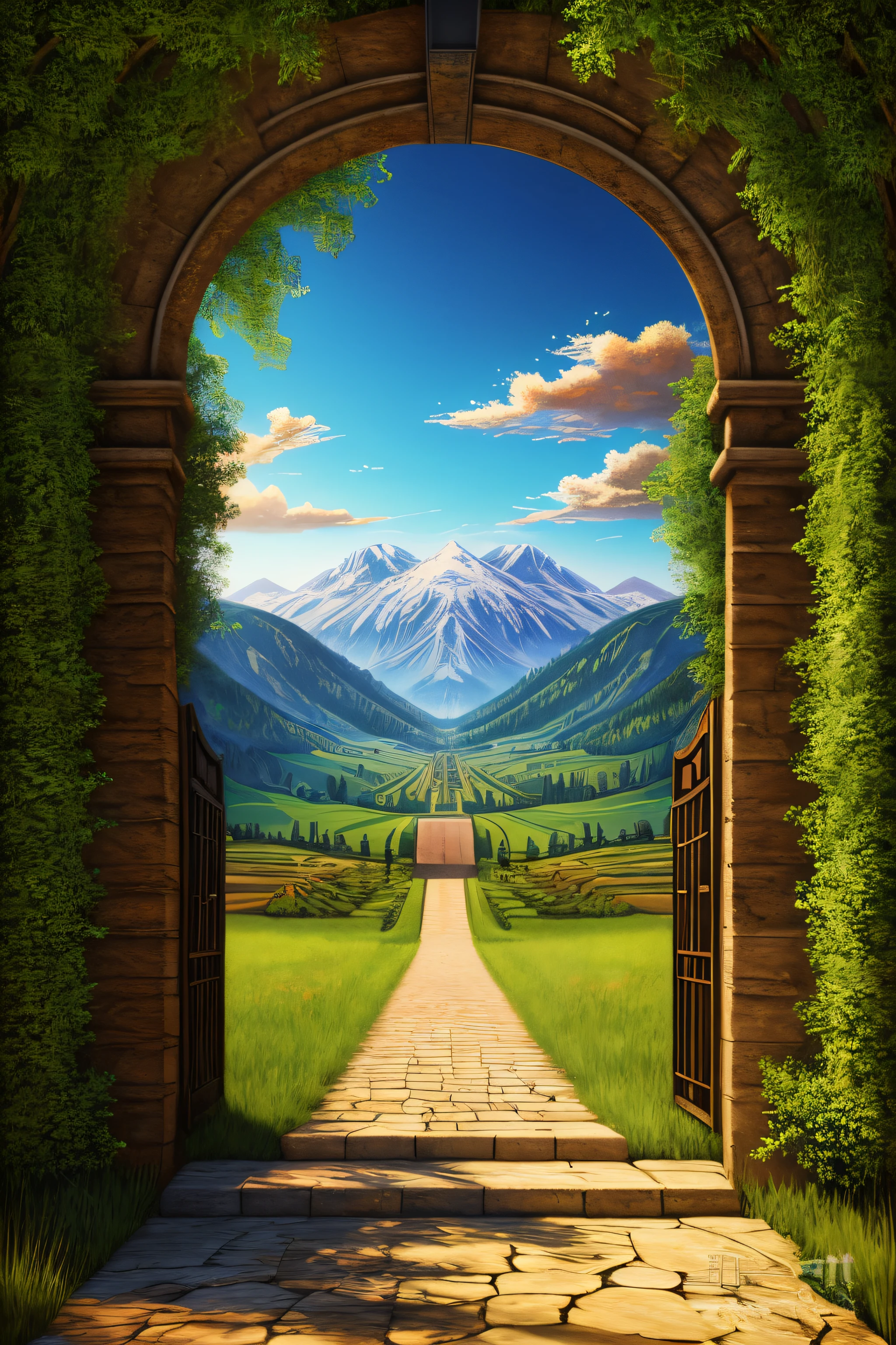 Photo theatre backdrop featuring the entrance to heaven digital art style painting, highly detailed landscape