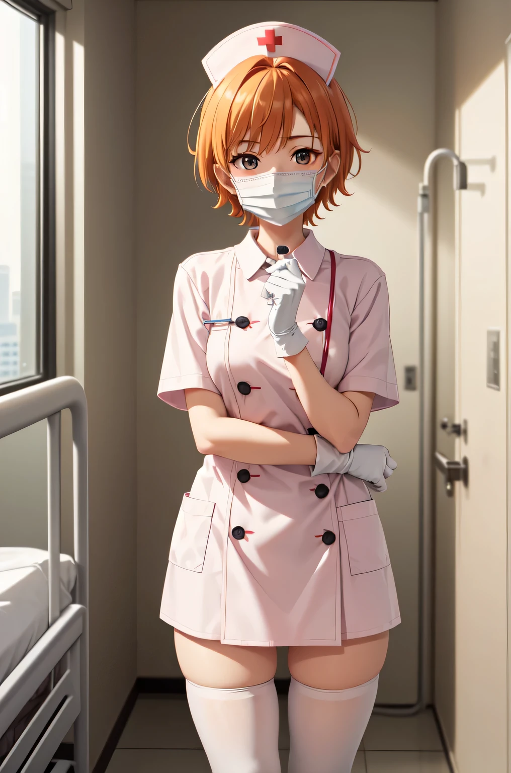 1girl, solo, nurse, nurse cap, white nurse uniform, ((white legwear, zettai ryouiki)), white gloves, very short hair, orange hair, ((white surgical mask, covered nose)), standing, ((hospital room)), sharp outline, short sleeves, tomboy, boyish, best quality, masterpiece