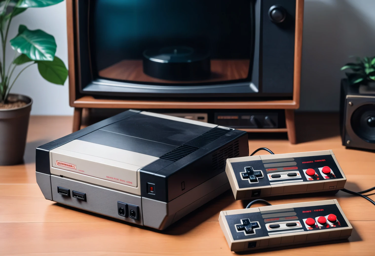 On the table is a retro Nintendo Entertainment System game console connected to a retro TV and running a retro game, retro photo, close to reality, real, clear