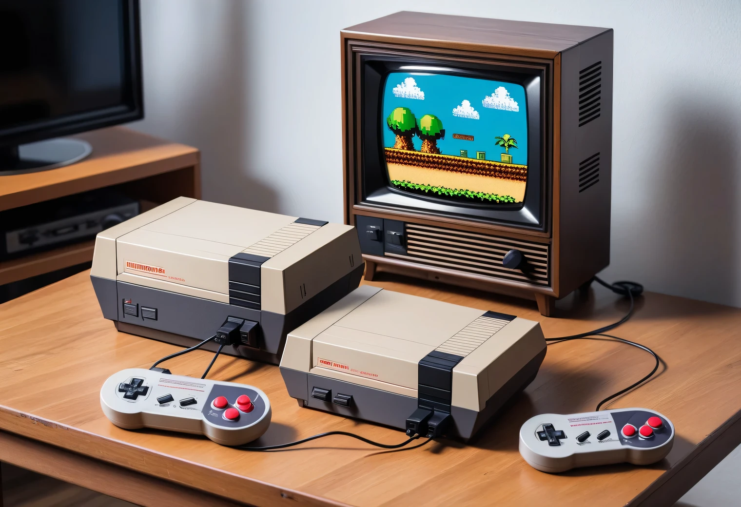 On the table there is a retro Sega Mega Drive game console connected to a retro TV and running a retro game, 2 gamepads, retro photos, real, clear, color, nostalgia, 1993