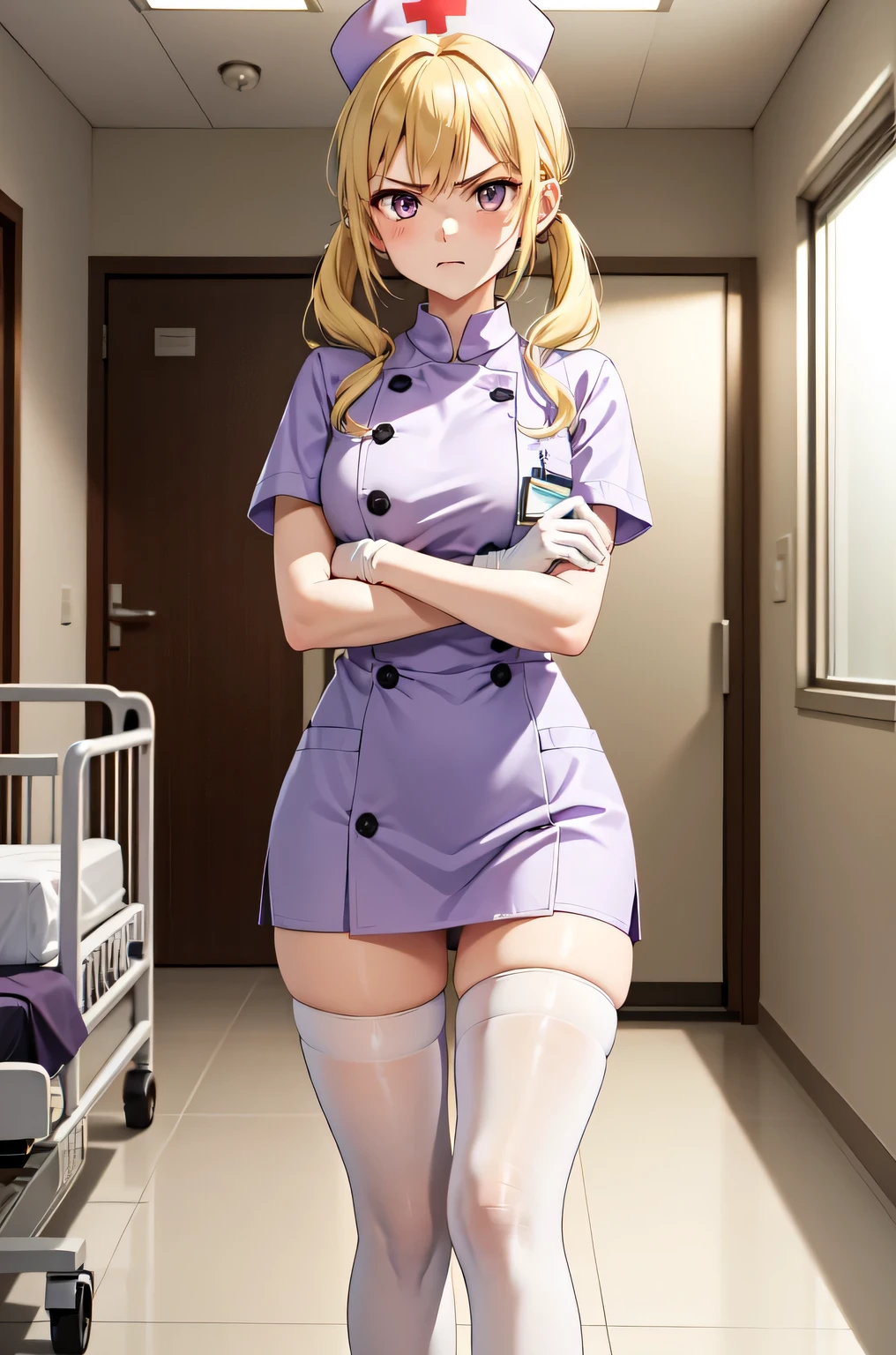 1girl, solo, nurse, nurse cap, white nurse uniform, ((white legwear, zettai ryouiki)), white gloves, twintails, yellow hair, purple eyes, angry, crossed arms, standing, ((hospital room)), sharp outline, short sleeves, best quality, masterpiece