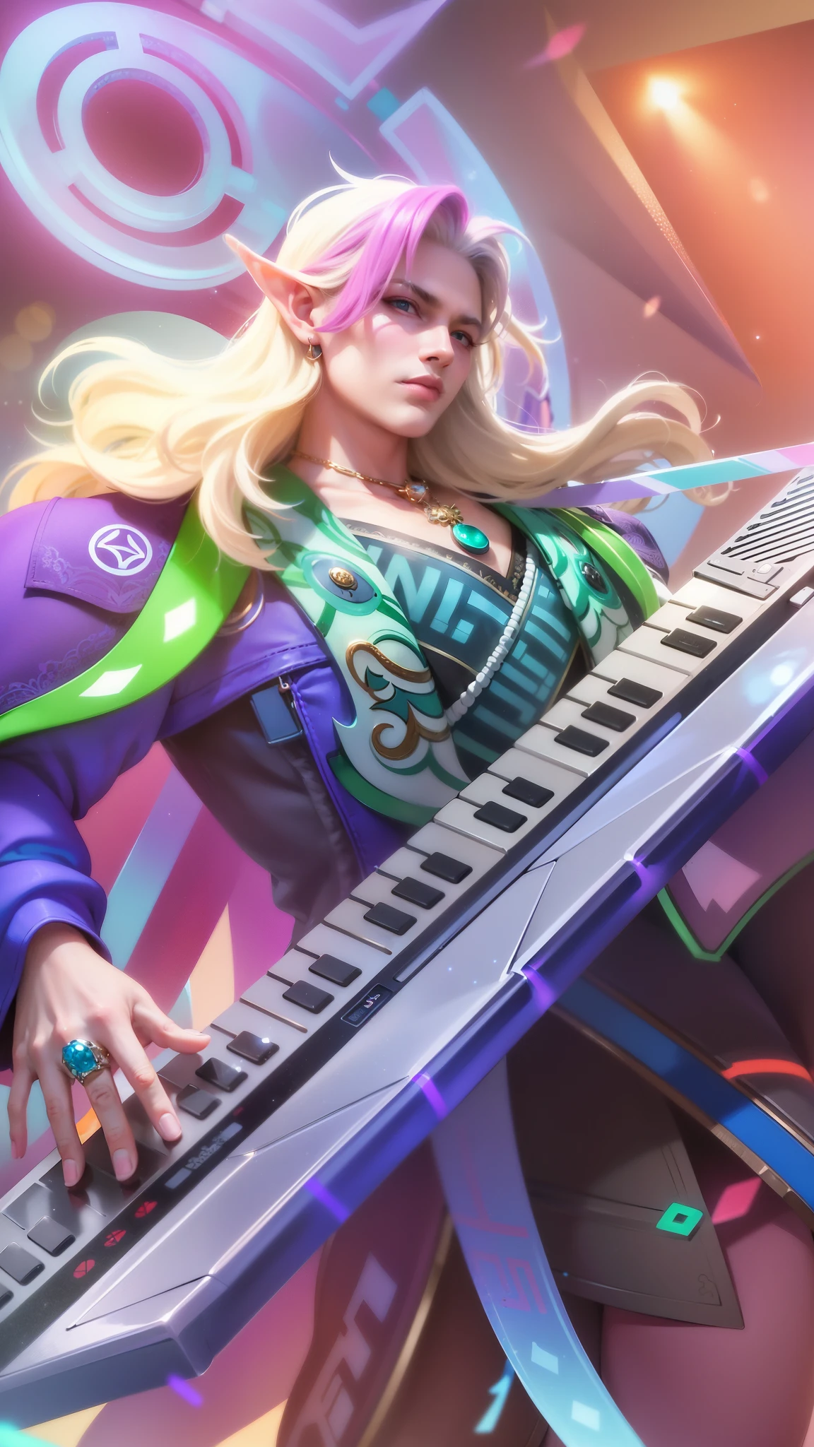 masculine male, masterpiece, ((perfect eyes)) best quality, (semirealism:1.9), beautiful lighting, (extremely detailed CG unity 4k fhd wallpaper), High Detail, Sharp focus, dramatic outdoors, 1 male, white and pink hair, light blue eyes, a close up of a male playing a keyboard on a stage, elf ear