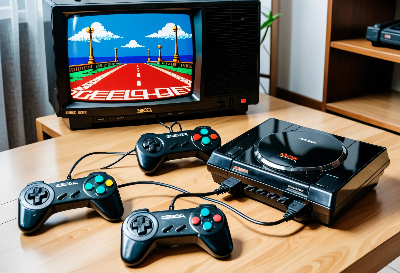 On the table there is a retro Sega Mega Drive game console connected to a retro TV and running a retro game, 2 gamepads, retro photos, real, clear, color, nostalgia, 1993