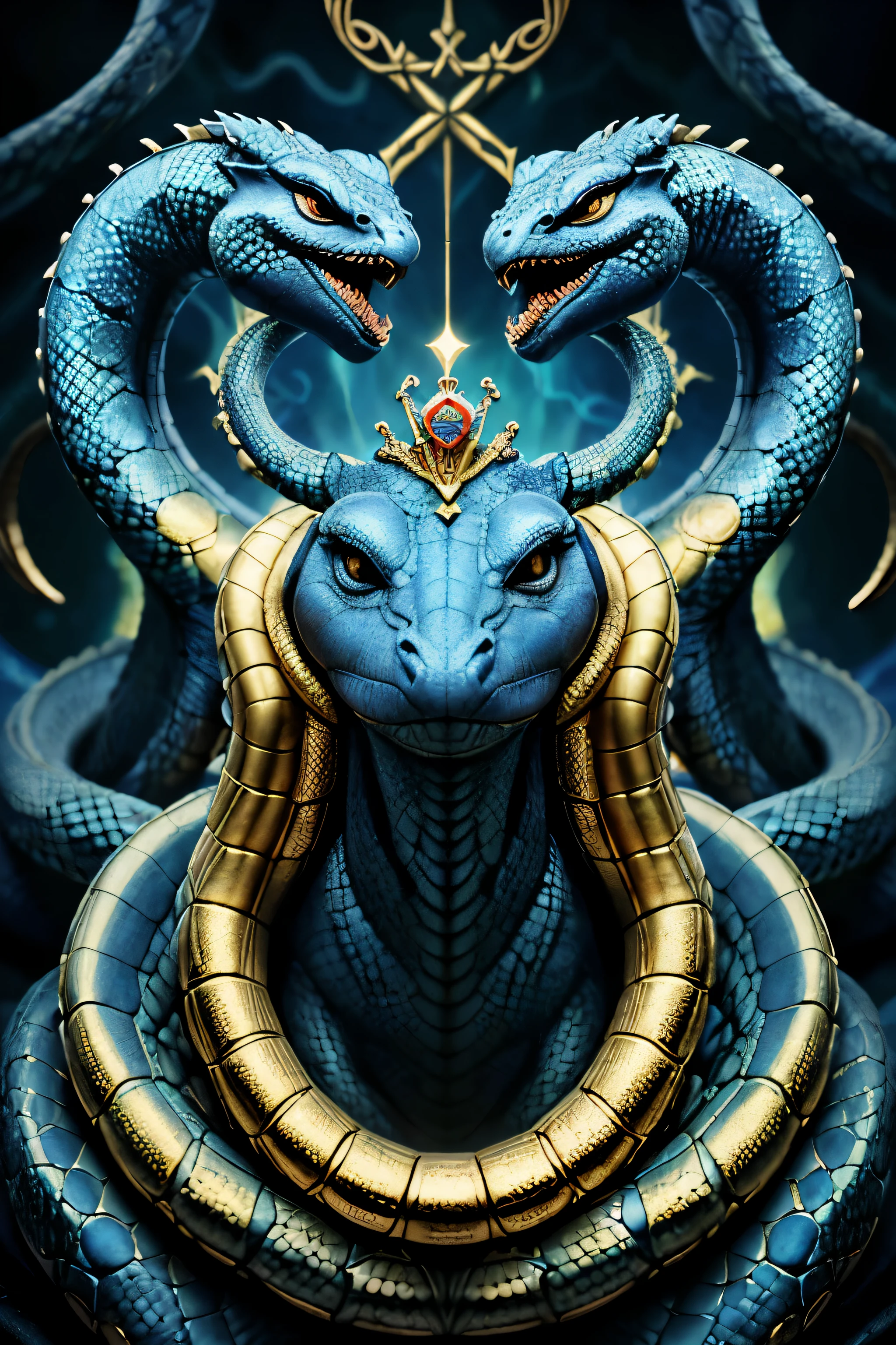 Close-up of a blue dragon with a golden triangle, The clip, Portrait of the Sacred Serpent, leviathan cross, highly detailed symbology, crown of snakes, Snake Queen, Ouroboros, blue and yellow pythons intertwined, Anubis the reptilian, Highly detailed official design, Adam Marchinsky, Blue Genie