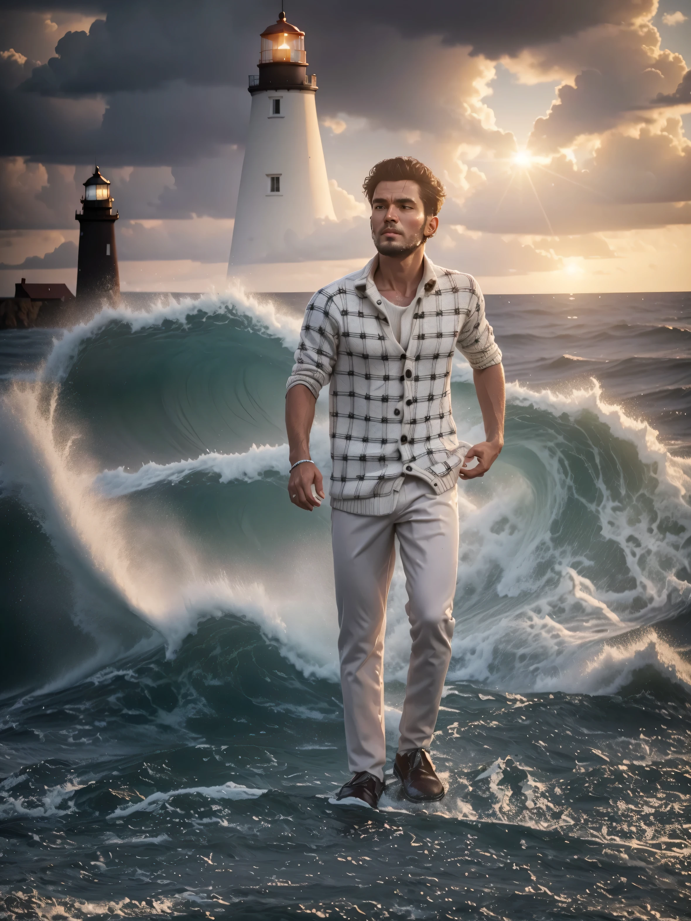 Original face (facial focus:1.5), (storm:1.2), (waves:1.3) ocean, (lighthouse background:1.3), (cowboy shot:1.4), (white turtleneck knit sweater:1.3), looking at the viewer, realistic, work of art, Highest quality, backlighting, (lens flare:1.1), (bloom:1.1), (chromatic aberration:1.1), by Jeremy Lipking, by Antonio J.. Manzanedo, digital painting