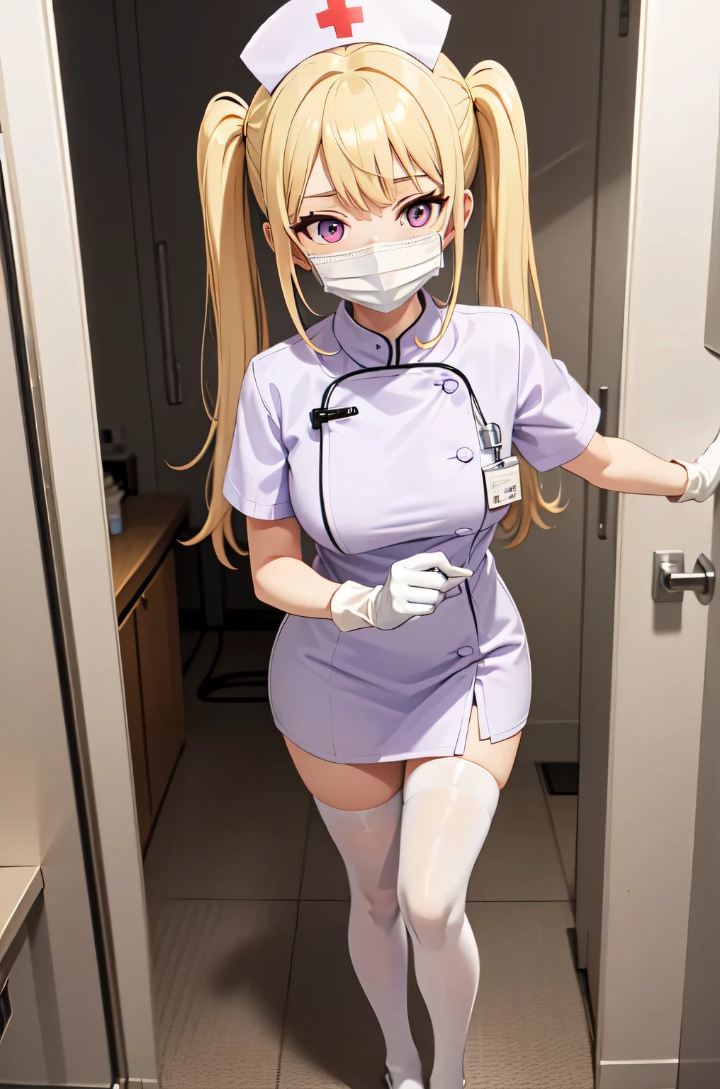 1girl, solo, nurse, nurse cap, white nurse uniform, ((white legwear, zettai ryouiki)), white gloves, twintails, yellow hair, purple eyes, ((white surgical mask, covered nose)), standing, ((hospital room)), sharp outline, short sleeves, best quality, masterpiece