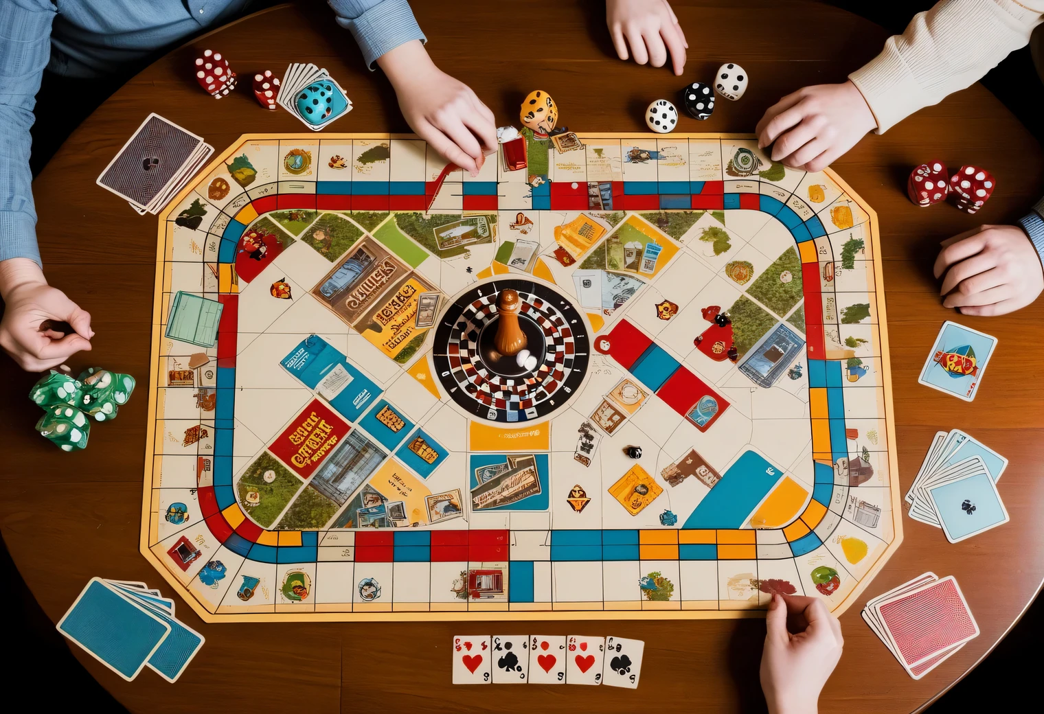Picture a retro board game with chips, cards and dice, the game is spread out on the table and 2 players play it