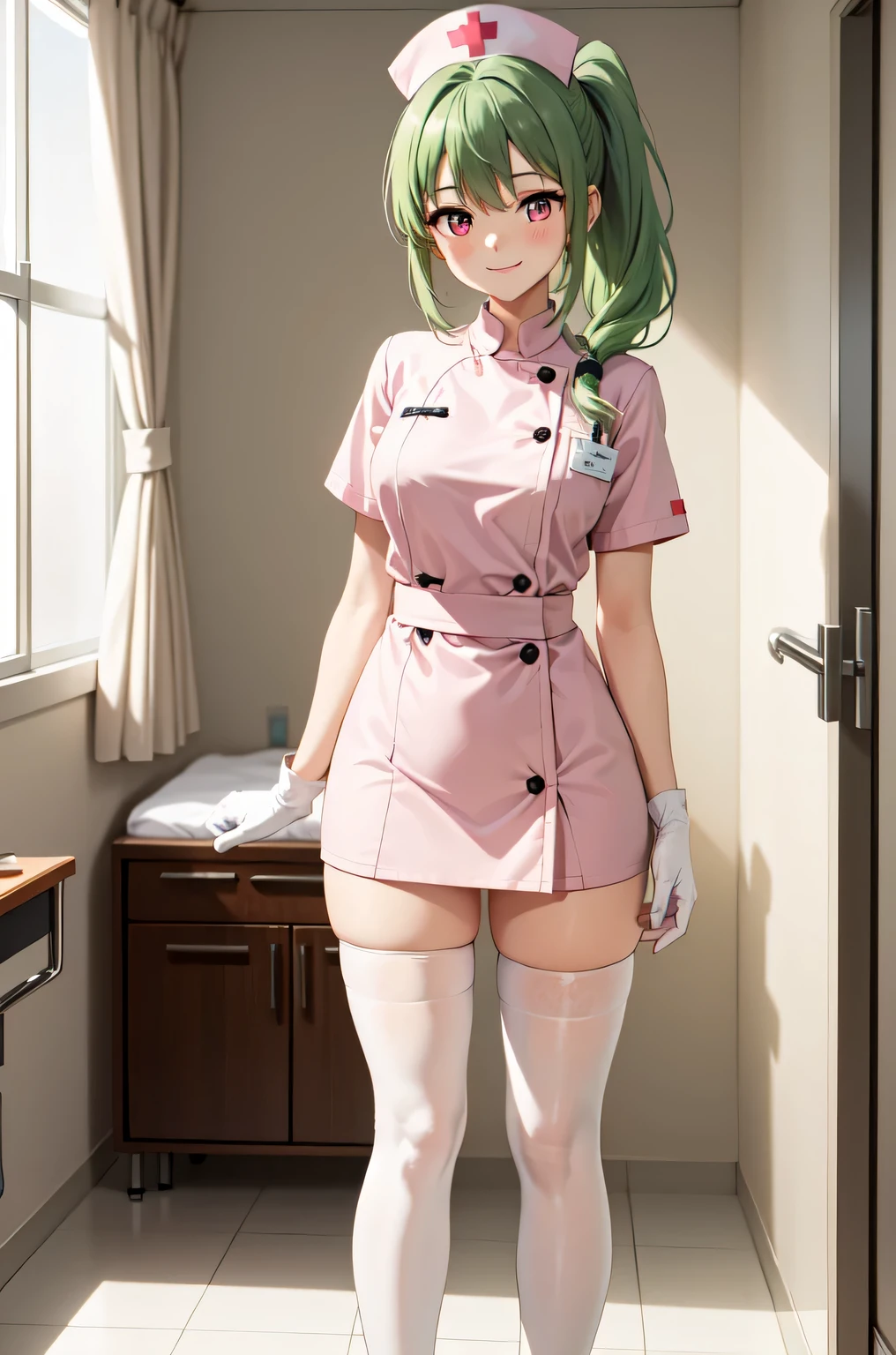 1girl, solo, nurse, nurse cap, white nurse uniform, ((white legwear, zettai ryouiki)), white gloves, ponytail, green hair, pink eyes, smile, standing, ((hospital room)), sharp outline, short sleeves, best quality, masterpiece