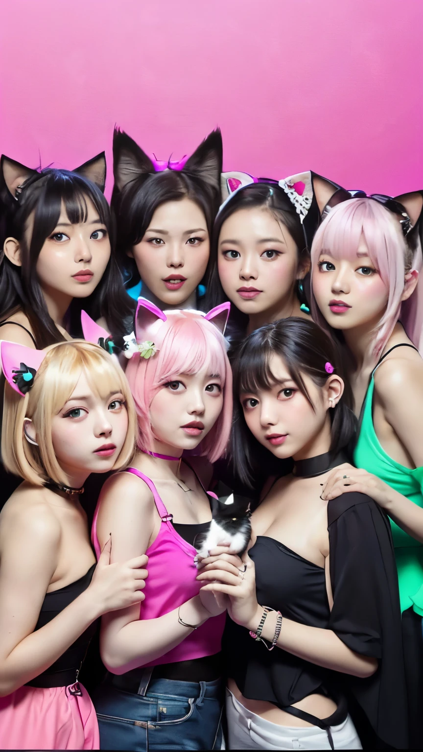 masterpiece, 4k, Bokeh, beautiful face, Harem, (multiple girls:1.4), (group photo:1.5), (Cat ear:1.3), (white bob hair:1.3) , looking at the viewer, cowboy shot, Holding many cats in both hands, (neon pink background :1.4), high five