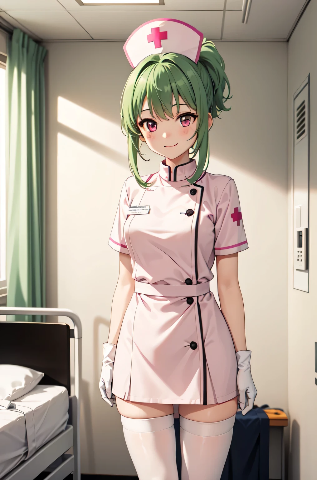 1girl, solo, nurse, nurse cap, white nurse uniform, ((white legwear, zettai ryouiki)), white gloves, ponytail, green hair, pink eyes, smile, standing, ((hospital room)), sharp outline, short sleeves, best quality, masterpiece