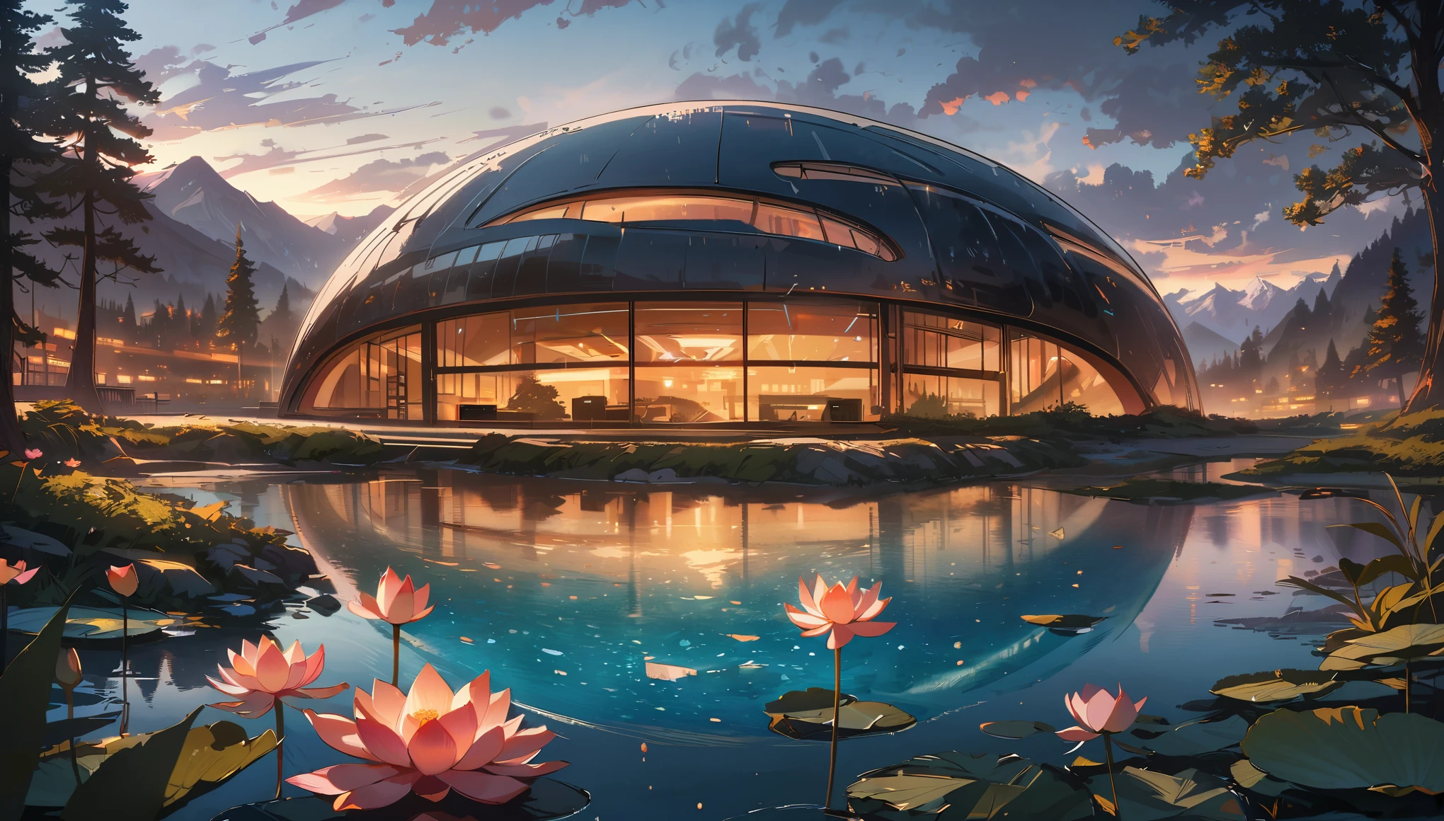 Masterpiece, the best quality, stunning details, Enjoy the Future, Cyberpunk 2077 Wide angle, 8k, locally blurred, Lakes, valleys, small rivers, high mountains, weathered granite, Hillside, lakeside, oval shaped building (streamlined, lotus shaped design, transparent exterior, metal frame, glass exterior wall, fish scale decoration, huge), surrounded by forest, decorated with lights, rainy, 1girl