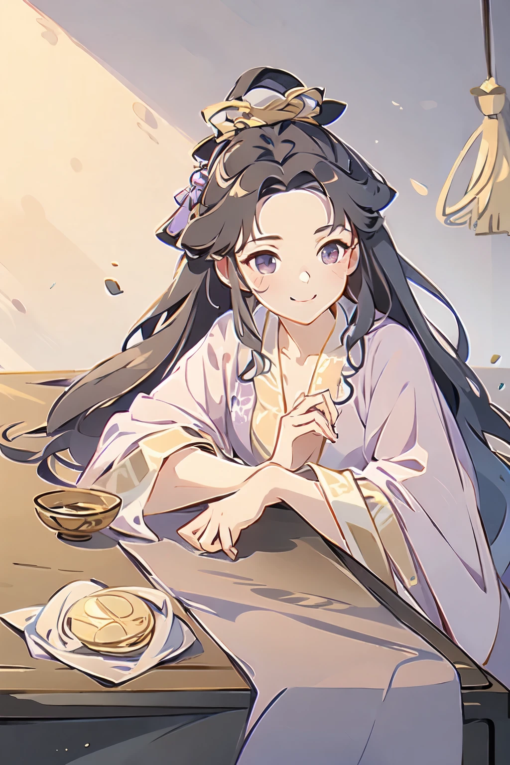 ((Best quality at best)), ((On the table)), ((Great details)), actual, iintricate, 16K, Background of the Forbidden City's grandeur and splendor, a girl with purple wavy long hair, Hanfu, chinese style,background with gold coins and jewelry, 