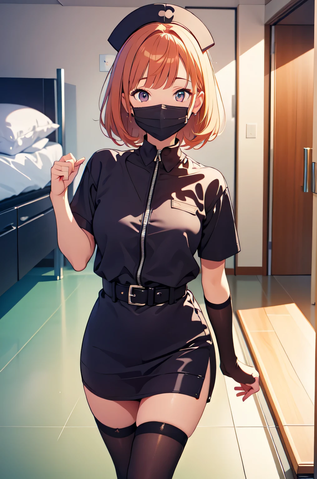 black nurse, 1girl, solo, black nurse cap, black nurse uniform, ((black legwear, zettai ryouiki)), black elbow gloves, very short hair, orange hair, ((black surgical mask, covered nose)), standing, ((surgery room)), sharp outline, short sleeves, tomboy, boyish, best quality, masterpiece