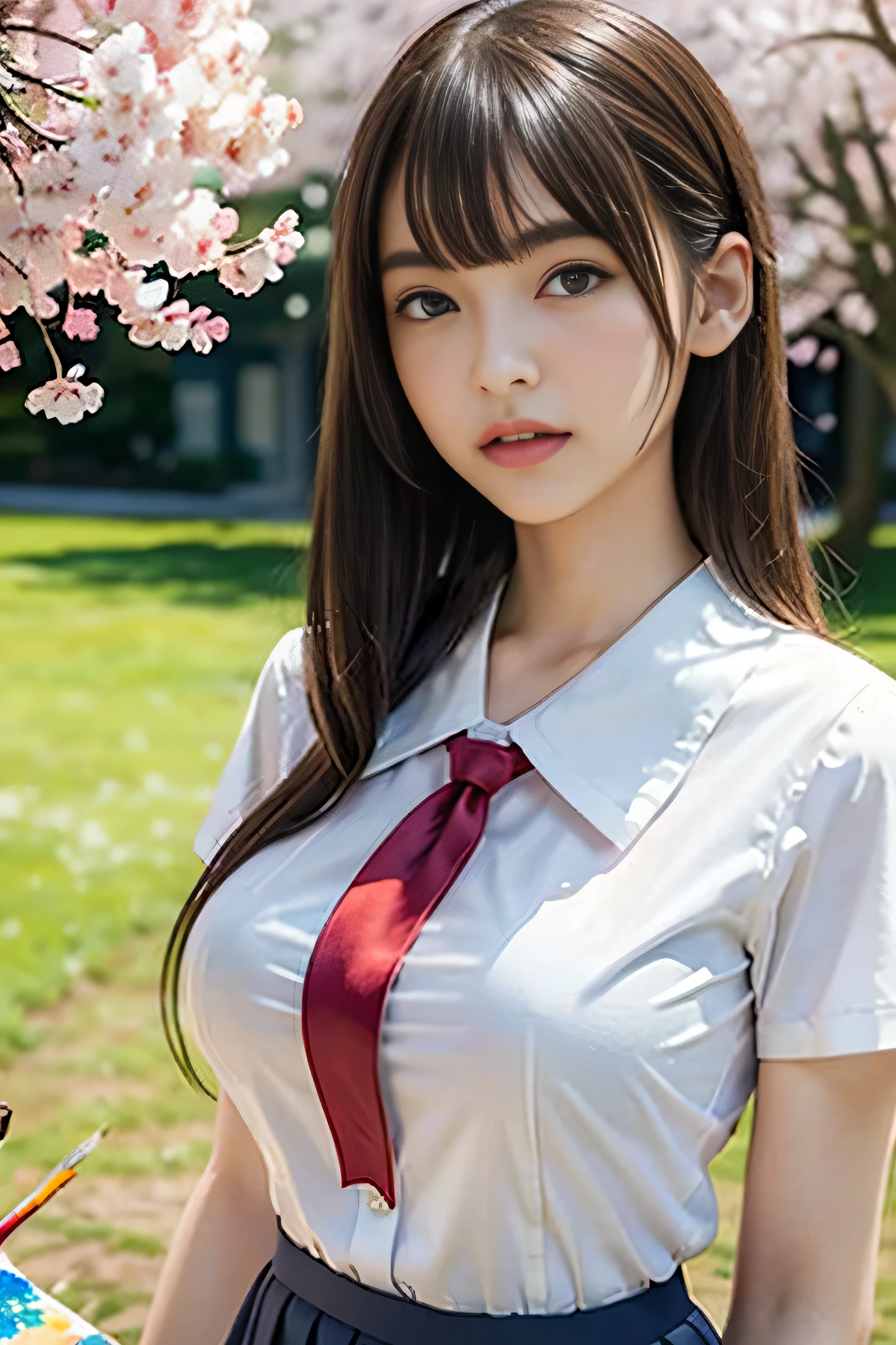 1 female, close up of face, huge ,light brown hair, blunt bangs, hair behind the ear, hair over shoulders, long hair, slender body shape, ultra fine face, narrow side, delicate lips, beautiful eyes, light blush, eyes are light brown, perfect shiny skin, perfect skin, Shining sweat,See here, extra thin hands, Super thin fingers:real:1.3), Cherry blossom tree park, first person perspective, fujifilm, 8K, muste piece, ticker, super detail, high quality, best quality, High resolution, ((Don't show your fingers))、golden hour beautiful light, (((school girl uniform)))、(((White Short Sleeve Low Cut Button Front Shirt、red ribbon)))、((Ultra Micro Mini Dark Blue Pleated Skirt)) ((huge boobs)) (((Positive painting:1.3))),((thin pure white shirt:1.2))