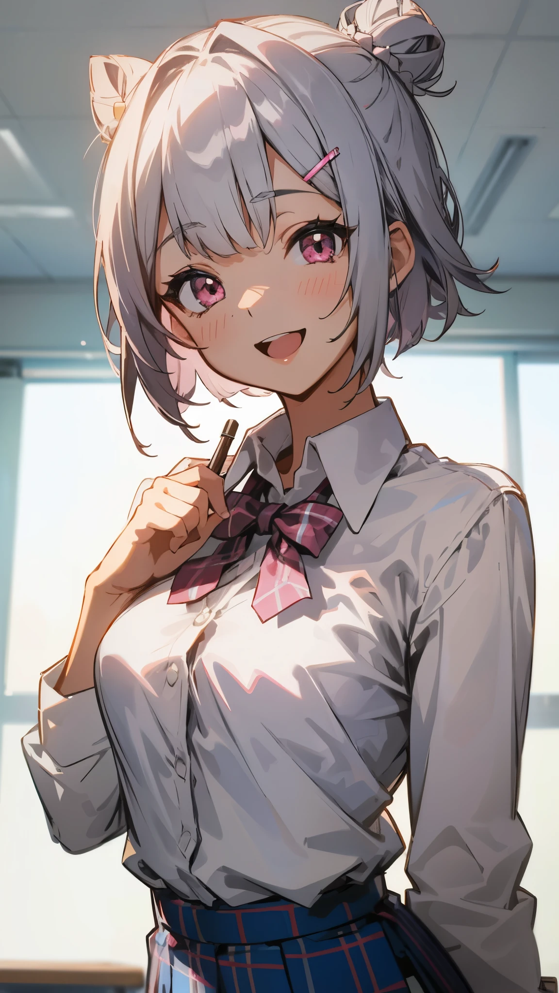 silver short hair and bob hair、I tied my hair into a bun with a hair clip.、pink eyes、white blouse shirt、tartan check skirt、smile、open your mouth wide、upper body close-up、After school classroom