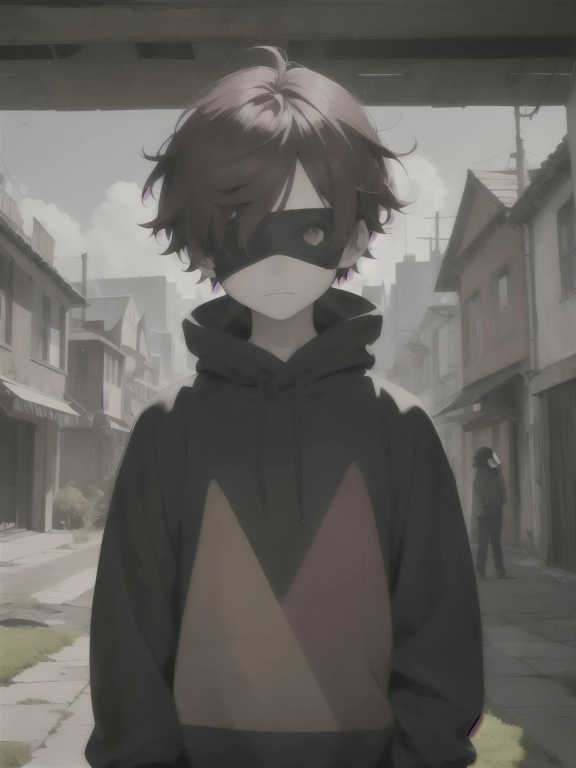 A young boy with three triangles under one eye and his hair is wine red and the background is some dark buildings but full of moss and plants and he is looking towards and his eyes are covered with a glitch type and his clothes are a sweatshirt with some little vilcillos on the sleeves