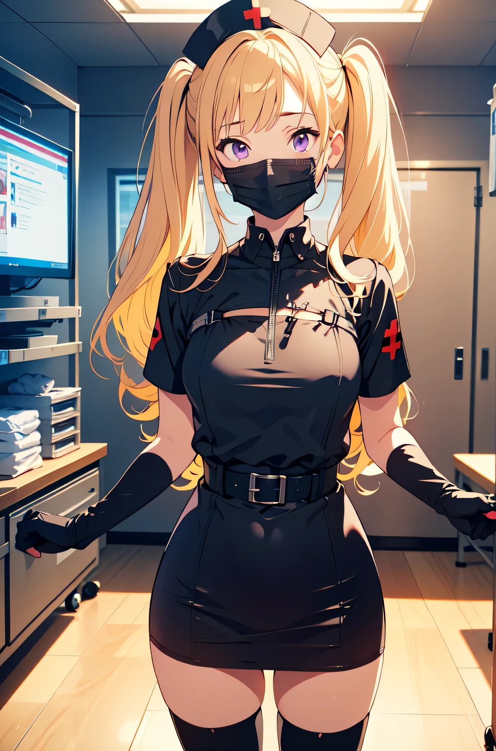 black nurse, 1girl, solo, black nurse cap, black nurse uniform, ((black legwear, zettai ryouiki)), black elbow gloves, twintails, yellow hair, purple eyes, ((black surgical mask, covered nose)), standing, ((surgery room)), sharp outline, short sleeves, best quality, masterpiece