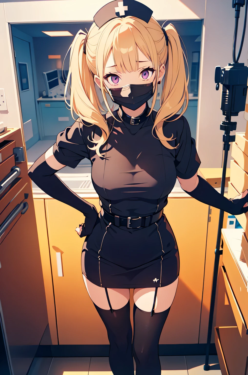 black nurse, 1woman, solo, black nurse cap, black nurse uniform, ((black legwear, zettai ryouiki)), black elbow gloves, blonde hair, blue eyes, ((black surgical mask, covered nose)), standing, ((surgery room)), sharp outline, short sleeves, mature female, 35 years old, best quality, masterpiece