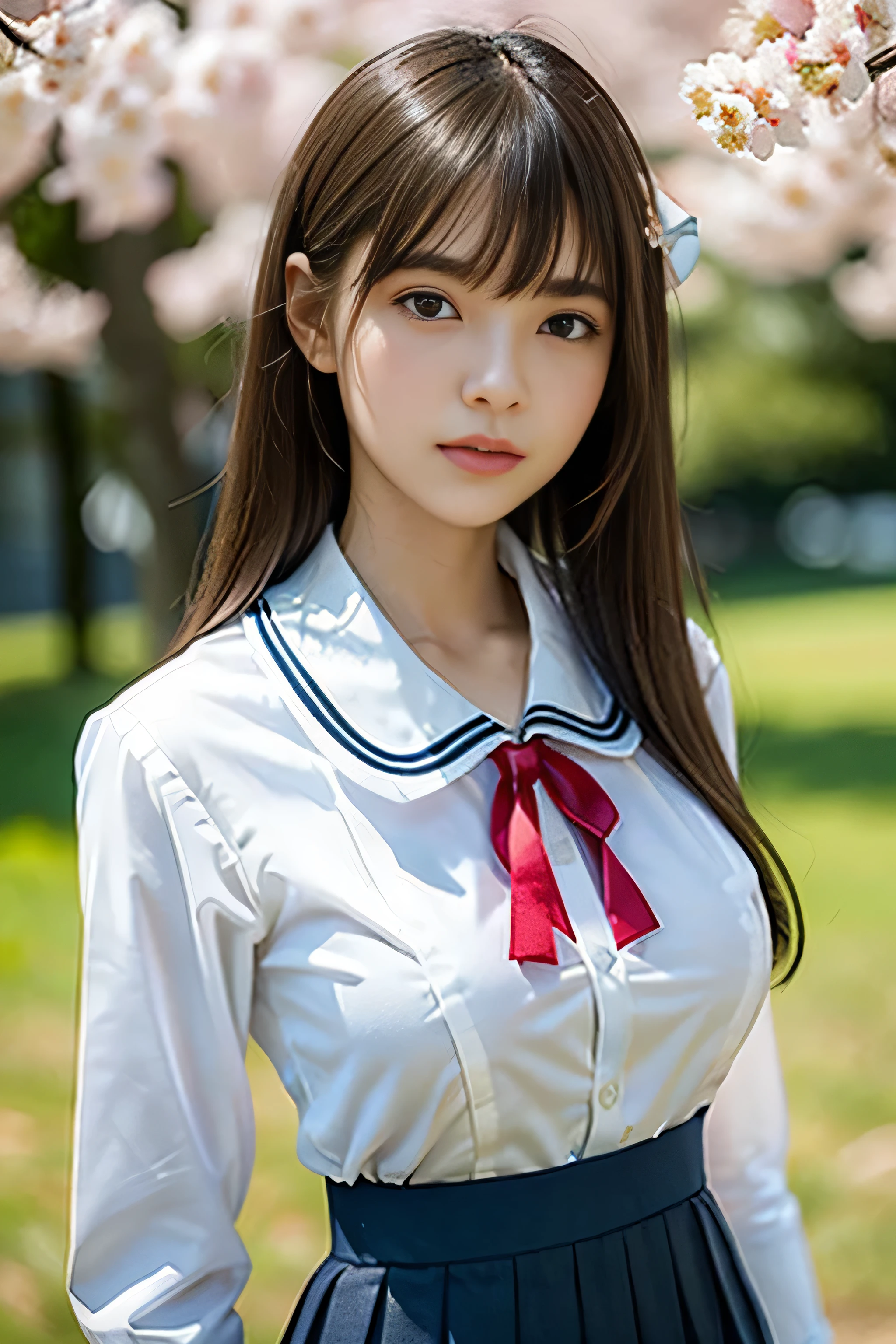 1 female, close up of face, huge ,light brown hair, blunt bangs, hair behind the ear, hair over shoulders, long hair, slender body shape, ultra fine face, narrow side, delicate lips, beautiful eyes, light blush, eyes are light brown, perfect shiny skin, perfect skin, Shining sweat,See here, extra thin hands, Super thin fingers:real:1.3), Cherry blossom tree park, first person perspective, fujifilm, 8K, muste piece, ticker, super detail, high quality, best quality, High resolution, ((Don't show your fingers))、golden hour beautiful light, (((school girl uniform)))、(((White Short Sleeve Low Cut Button Front Shirt、red ribbon)))、((Ultra Micro Mini Dark Blue Pleated Skirt)) ((huge boobs)),((thin pure white long sleeve shirt:1.2))