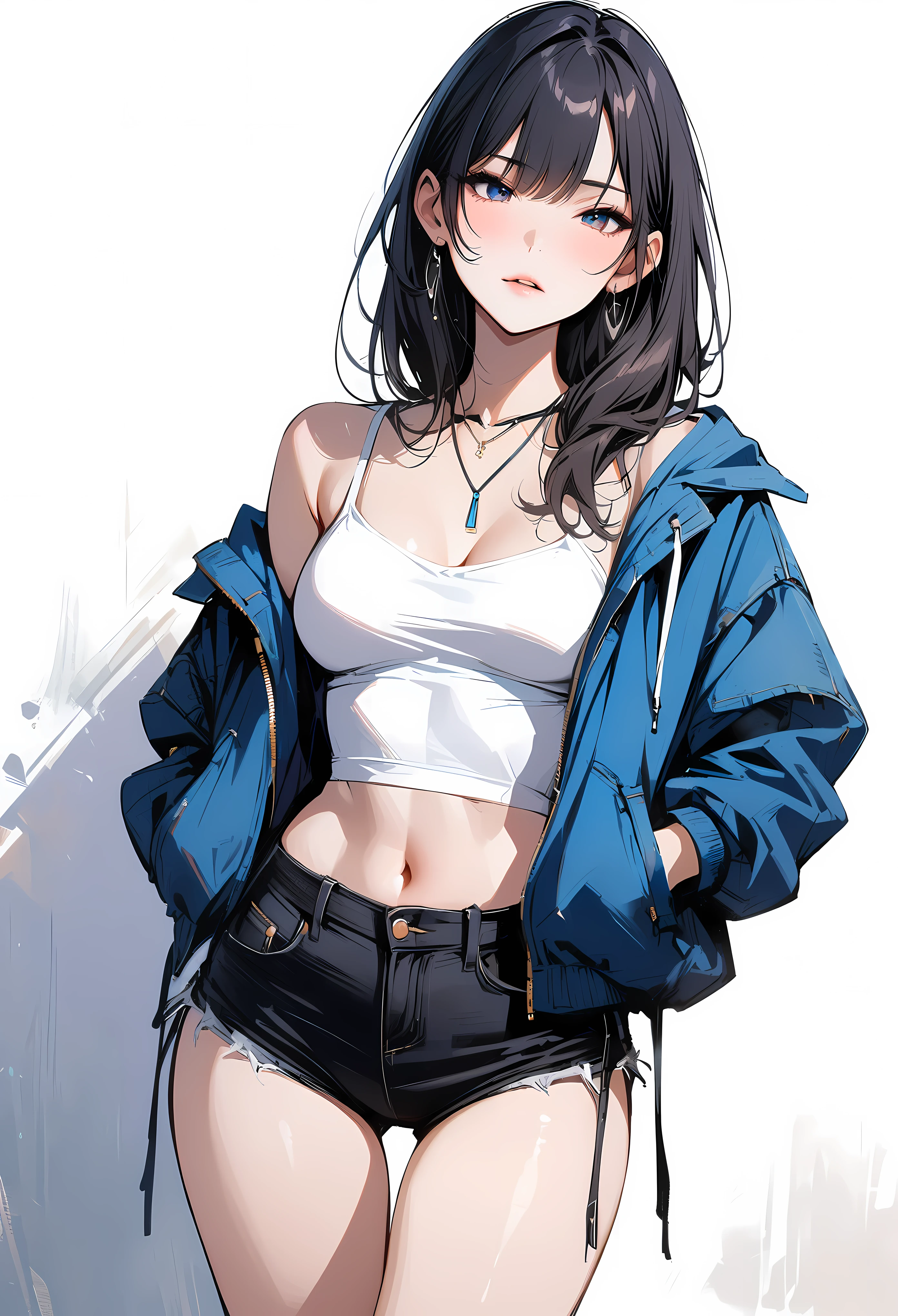 (masterpiece, best quality:1.2), 1 girl, alone , sexy , blue  jaket , cutoff-jeans , (cowboy shot) , black hair ,  white top