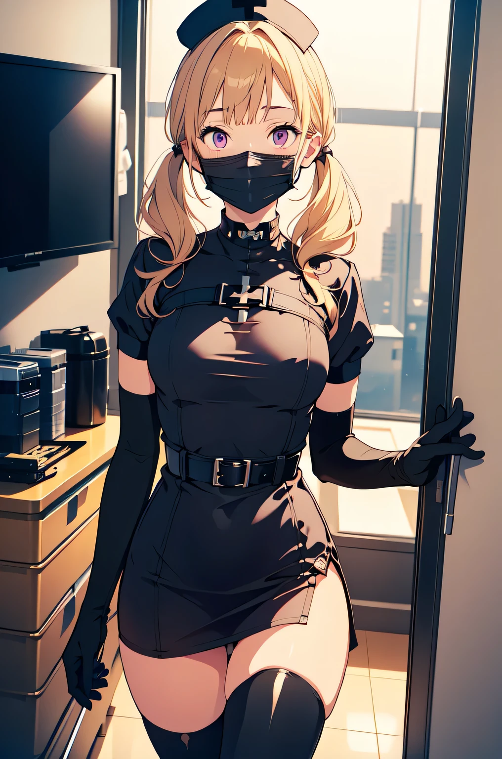 black nurse, 1girl, solo, black nurse cap, black nurse uniform, ((black legwear, zettai ryouiki)), black elbow gloves, twintails, yellow hair, purple eyes, ((black surgical mask, covered nose)), standing, ((surgery room)), sharp outline, short sleeves, best quality, masterpiece