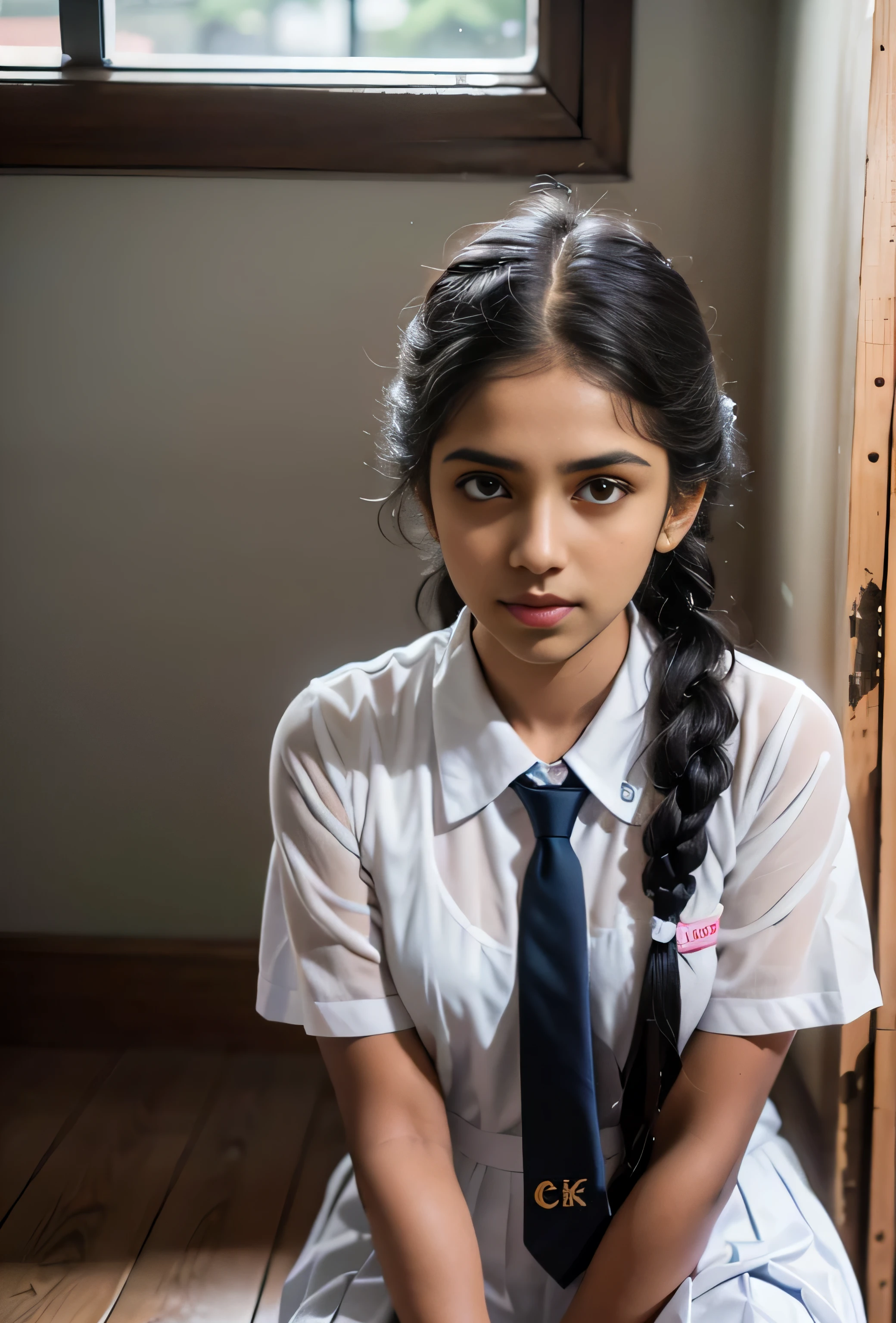 Raw photo , 1 girl  ,Wearing white frock and color tie, white shoes ,sri lanka teen school girl, with plait , professional photographer, (hdr:1.4), masterpiece, ultra-realistic 8k, perfect artwork, intrincate details, cute face, award winning photograph, (Best quality, 8k, 32k, Masterpiece, UHD:1.3) ,