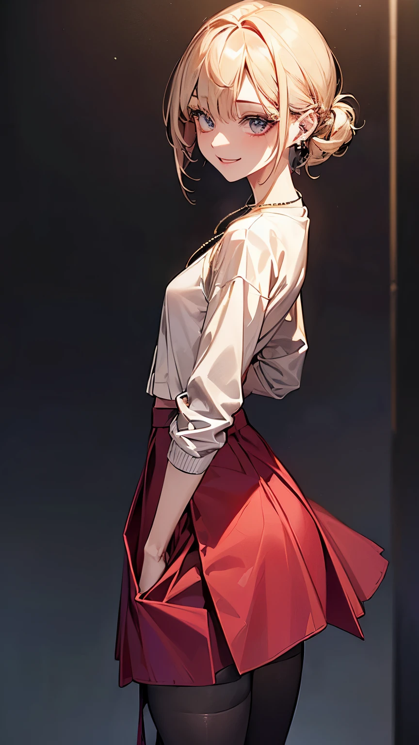 ((Biologically correct number of limbs))、(( Full body photo including face))、4K、((standing position))、masterpiece、((focus on the face))、((Symmetrical facial features))、Eyes of minute description、Beautiful woman、outstanding style、beautiful clavicle、beautiful legs、(small ass、thin thighs)、(stockings、high heels)、Detailed depiction of faces、small earrings、necklace、super low angle、(upper body cardigan、shirt、((long skirt))、latex、rubber)、lighting to the face、smile、Looking back、buckshot、