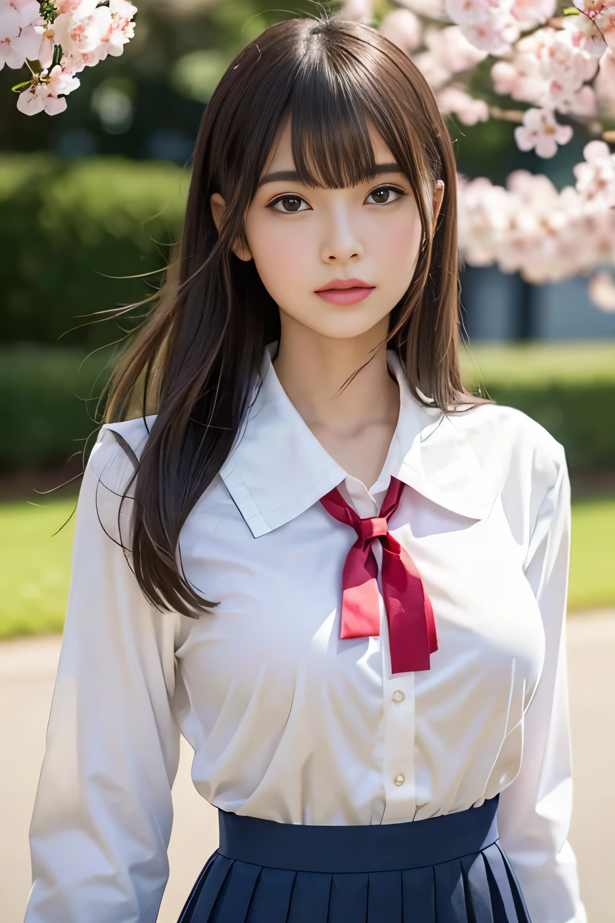 (Best quality,masterpiece,ultra detailed,8K,RAW photo,realistic,high resolution:1.2),(Pretty Japanese girl),(Super huge tits:1.4),(light brown hair),(school uniform,pleated skirt:1.4),(voluptuous:1.4),(shoulder length),(light smile),(chubby:1.4)