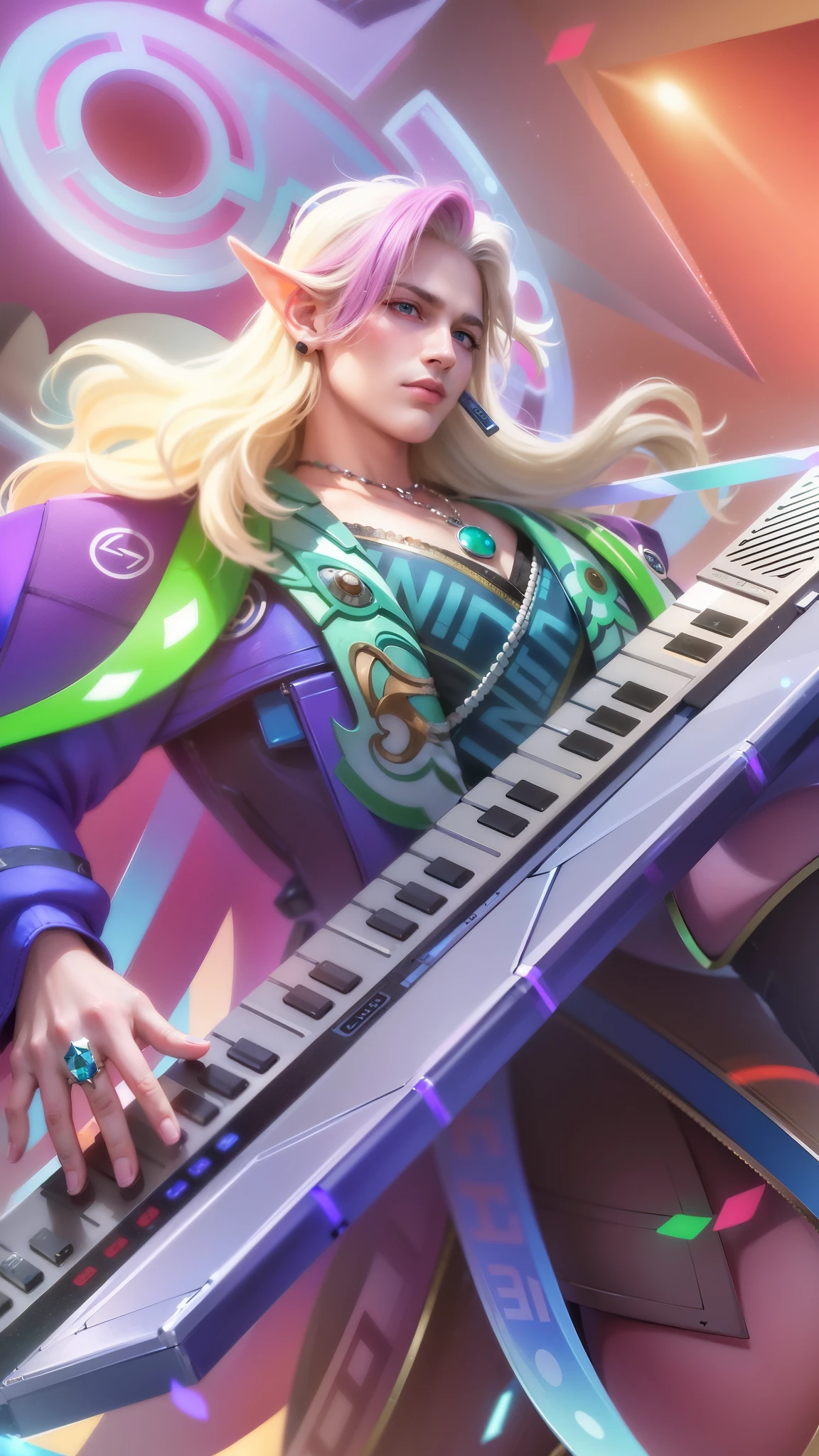 masculine male, masterpiece, ((perfect eyes)) best quality, (semirealism:1.9), beautiful lighting, (extremely detailed CG unity 4k fhd wallpaper), High Detail, Sharp focus, dramatic outdoors, 1 male, white and pink hair, light blue eyes, a close up of a male playing a keyboard on a stage, elf ear