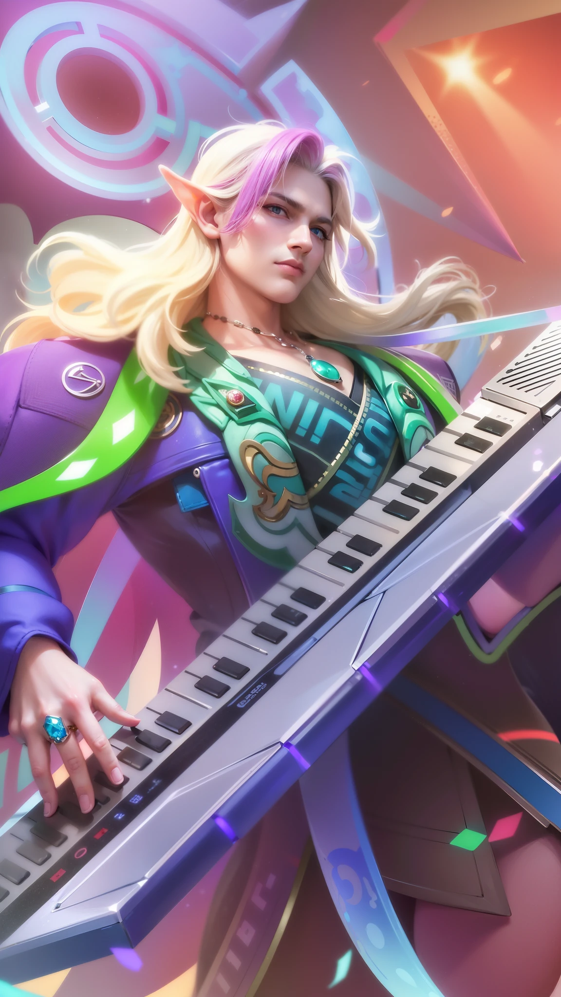 masculine male, masterpiece, ((perfect eyes)) best quality, (semirealism:1.9), beautiful lighting, (extremely detailed CG unity 4k fhd wallpaper), High Detail, Sharp focus, dramatic outdoors, 1 male, white and pink hair, light blue eyes, a close up of a male playing a keyboard on a stage, elf ear