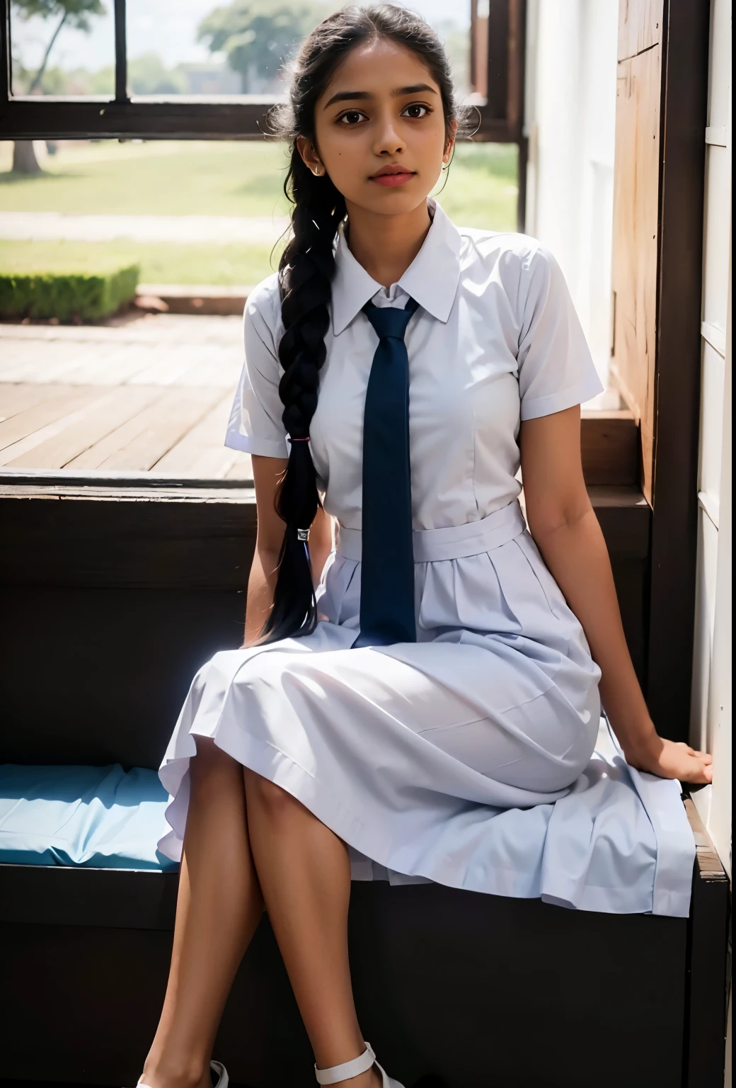 Raw photo , 1 girl  ,Wearing white frock and color tie, white shoes ,sri lanka teen school girl, with plait , professional photographer, (hdr:1.4), masterpiece, ultra-realistic 8k, perfect artwork, intrincate details, cute face, award winning photograph, (Best quality, 8k, 32k, Masterpiece, UHD:1.3) ,