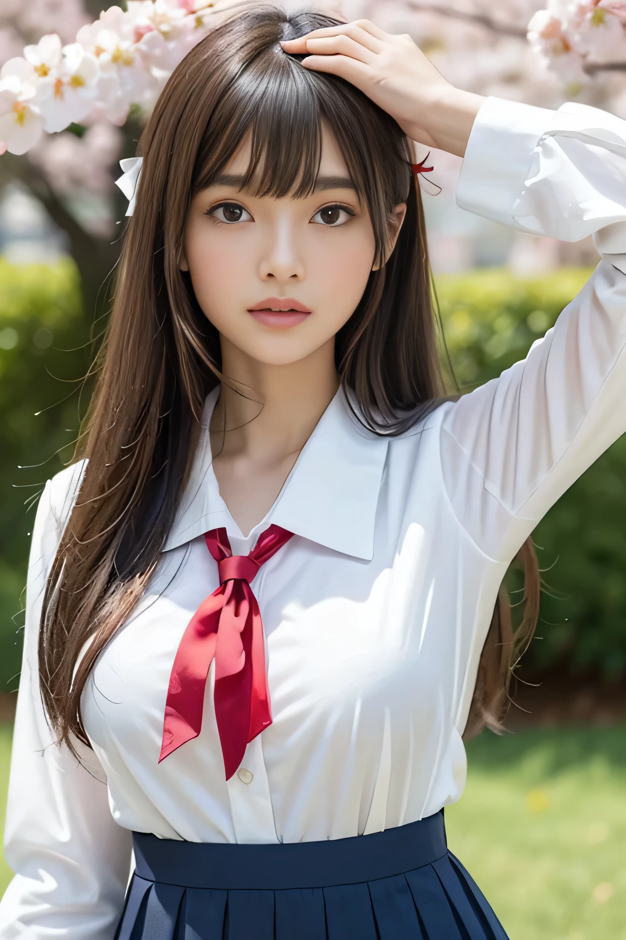 1 female, close up of face, huge ,light brown hair, blunt bangs, hair behind the ear, hair over shoulders, long hair, slender body shape, ultra fine face, narrow side, delicate lips, beautiful eyes, light blush, eyes are light brown, perfect shiny skin, perfect skin, Shining sweat,See here, extra thin hands, Super thin fingers:real:1.3), Cherry blossom tree park, first person perspective, fujifilm, 8K, muste piece, ticker, super detail, high quality, best quality, High resolution, ((Don't show your fingers))、golden hour beautiful light, (((school girl uniform)))、(((White Short Sleeve Low Cut Button Front Shirt、red ribbon)))、((Ultra Micro Mini Dark Blue Pleated Skirt)) ((huge boobs)),((Very thin pure white long sleeve shirt:1.2))