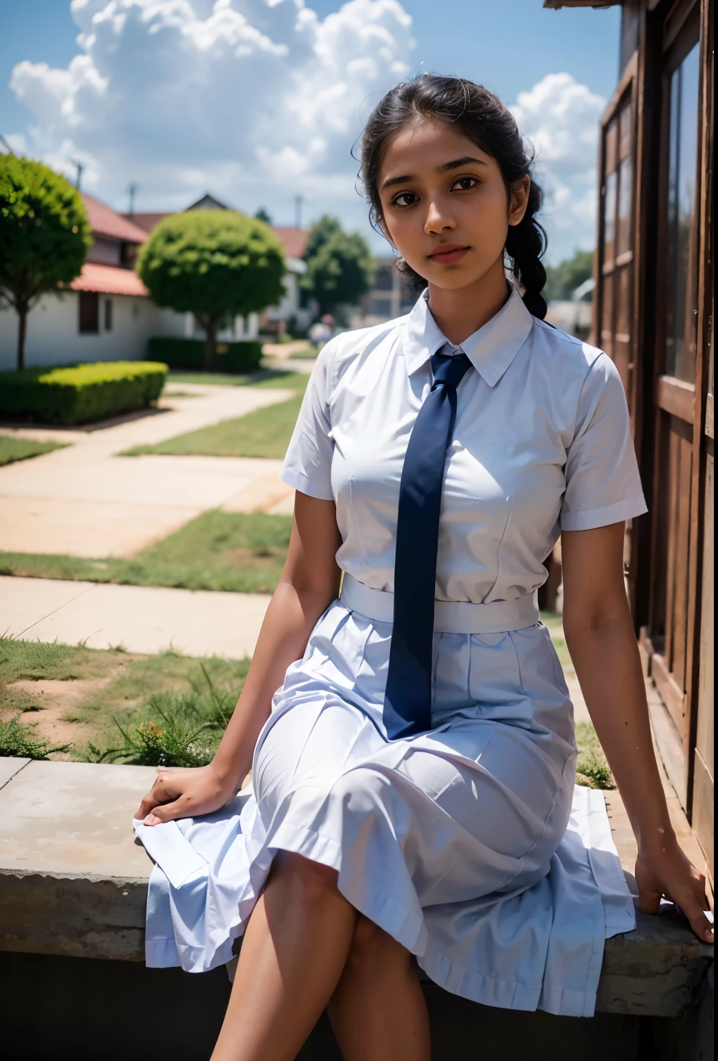 Raw photo , 1 girl ,Wearing white frock and color tie, white shoes ,sri lanka girl, with plait , professional photographer, (hdr:1.4), masterpiece, ultra-realistic 8k, perfect artwork, intrincate details, cute face, award winning photograph, (Best quality, 8k, 32k, Masterpiece, UHD:1.3) ,
