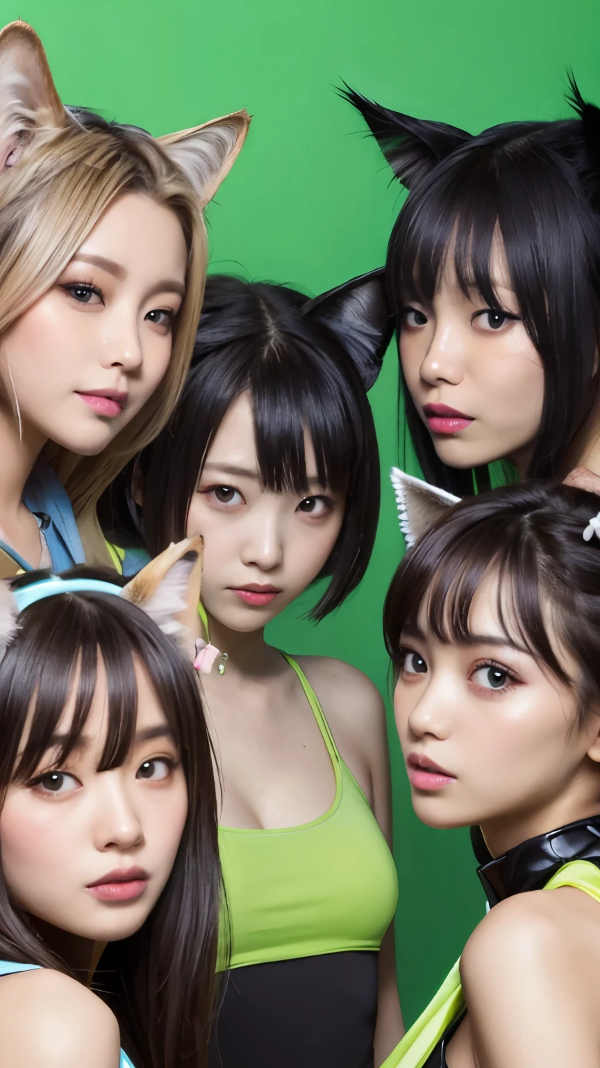 masterpiece, 4k, Bokeh, beautiful face, Harem, (multiple girls:1.4), (Group Photo:1.5), (Cat ears:1.3), (white bob hair:1.3) , looking at the viewer, cowboy shot, holding many cats in both hands, (Neon green background :1.4), closeup