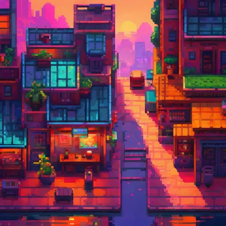 ultra-detailed,vivid colors,sunset lighting,masterpiece:1.2,medium,detailed pixelated characters,dynamic backgrounds,colorful landscapes,retro gaming,80s vibes,lively cityscape,varied architectural styles,neon signs,reflection effects,flawless pixelation,meticulously crafted sprites,smooth animations,immersive storytelling,endless possibilities[1]