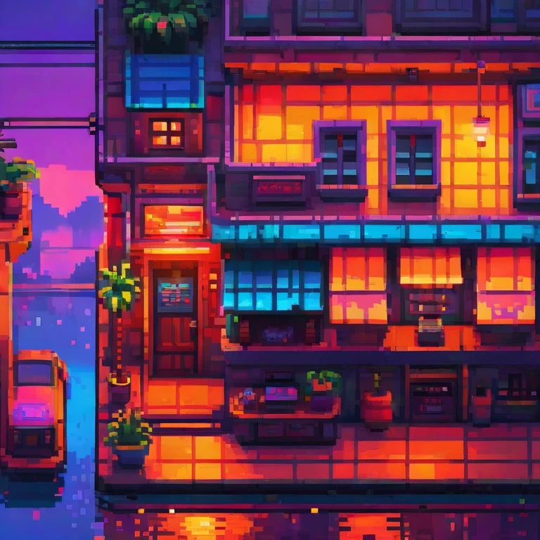 ultra-detailed,vivid colors,sunset lighting,masterpiece:1.2,medium,detailed pixelated characters,dynamic backgrounds,colorful landscapes,retro gaming,80s vibes,lively cityscape,varied architectural styles,neon signs,reflection effects,flawless pixelation,meticulously crafted sprites,smooth animations,immersive storytelling,endless possibilities[1]