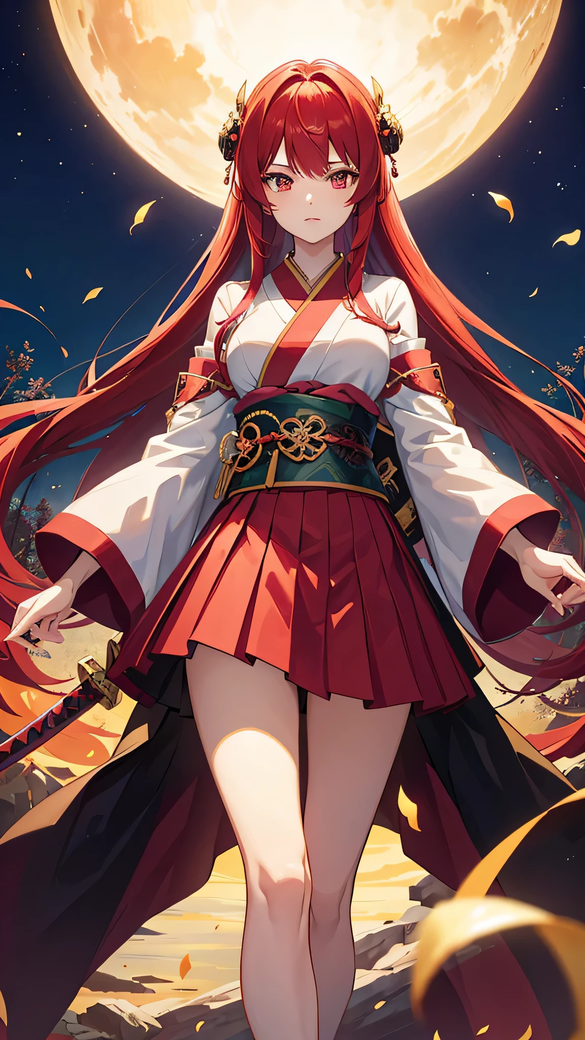 "Create an anime-style game character design of a beautiful girl who has reincarnated into a sword and magic world. She has vibrant red hair and wears a skirt designed like traditional Japanese attire, holding a katana. The color scheme should highlight the red of her hair and the traditional colors of her skirt. Set her against a mystical or natural background relevant to a magical world, with the setting slightly blurred to focus on her. Use enchanted lighting to enhance the magical ambiance and highlight her outfit and hair. The image should capture her in a three-quarter view, showcasing her readiness and the details of her kimono-skirt and katana, with rich detail to emphasize the fantasy theme.8k"