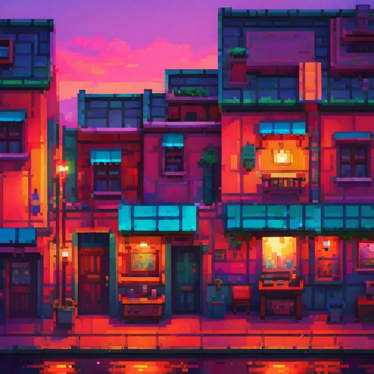 ultra-detailed,vivid colors,sunset lighting,masterpiece:1.2,medium,detailed pixelated characters,dynamic backgrounds,colorful landscapes,retro gaming,80s vibes,lively cityscape,varied architectural styles,neon signs,reflection effects,flawless pixelation,meticulously crafted sprites,smooth animations,immersive storytelling,endless possibilities[1]
