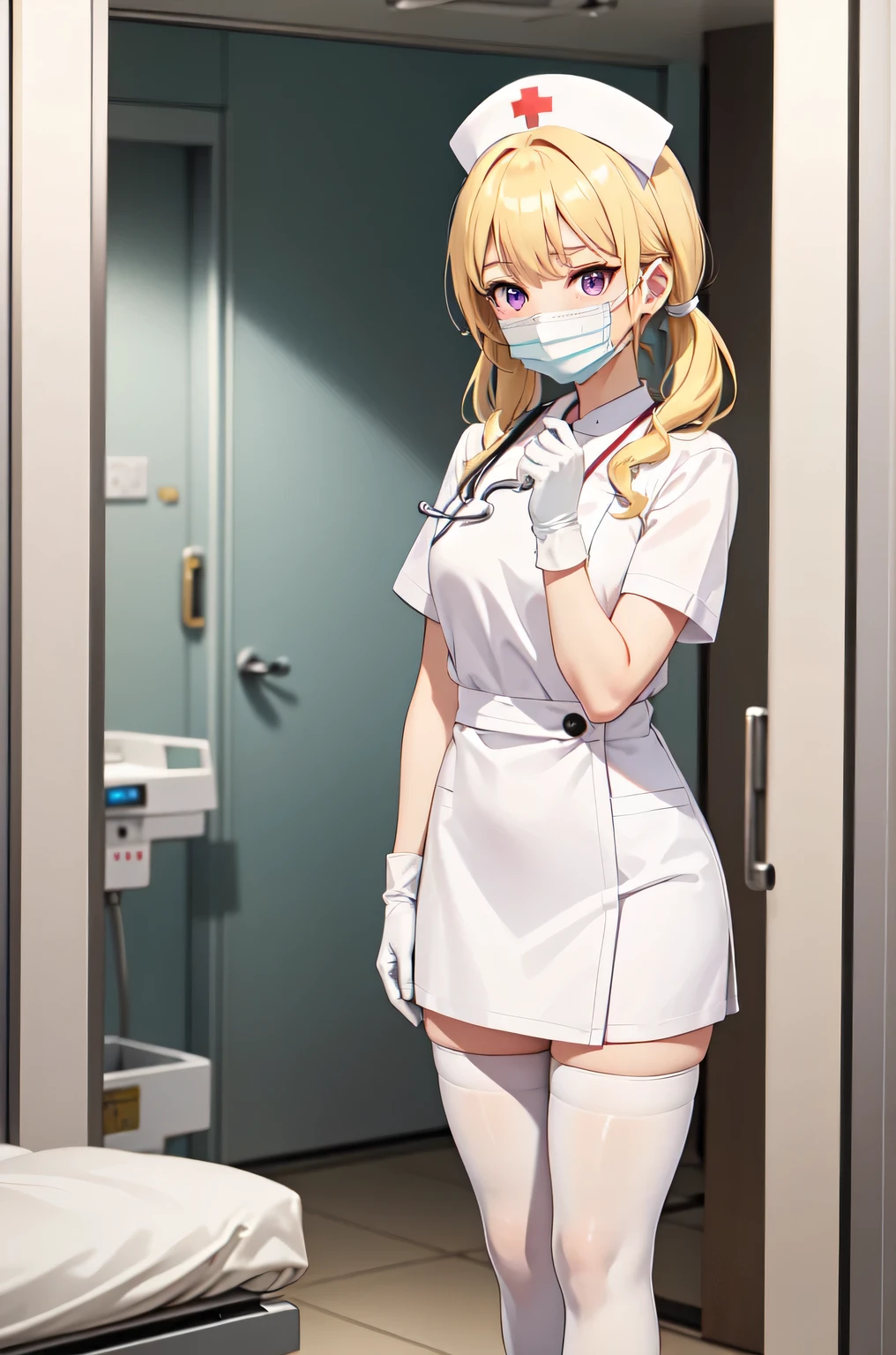 1girl, solo, nurse, nurse cap, white nurse uniform, ((white legwear, zettai ryouiki)), white gloves, twintails, yellow hair, purple eyes, ((white surgical mask, covered nose)), standing, ((hospital room)), sharp outline, short sleeves, best quality, masterpiece