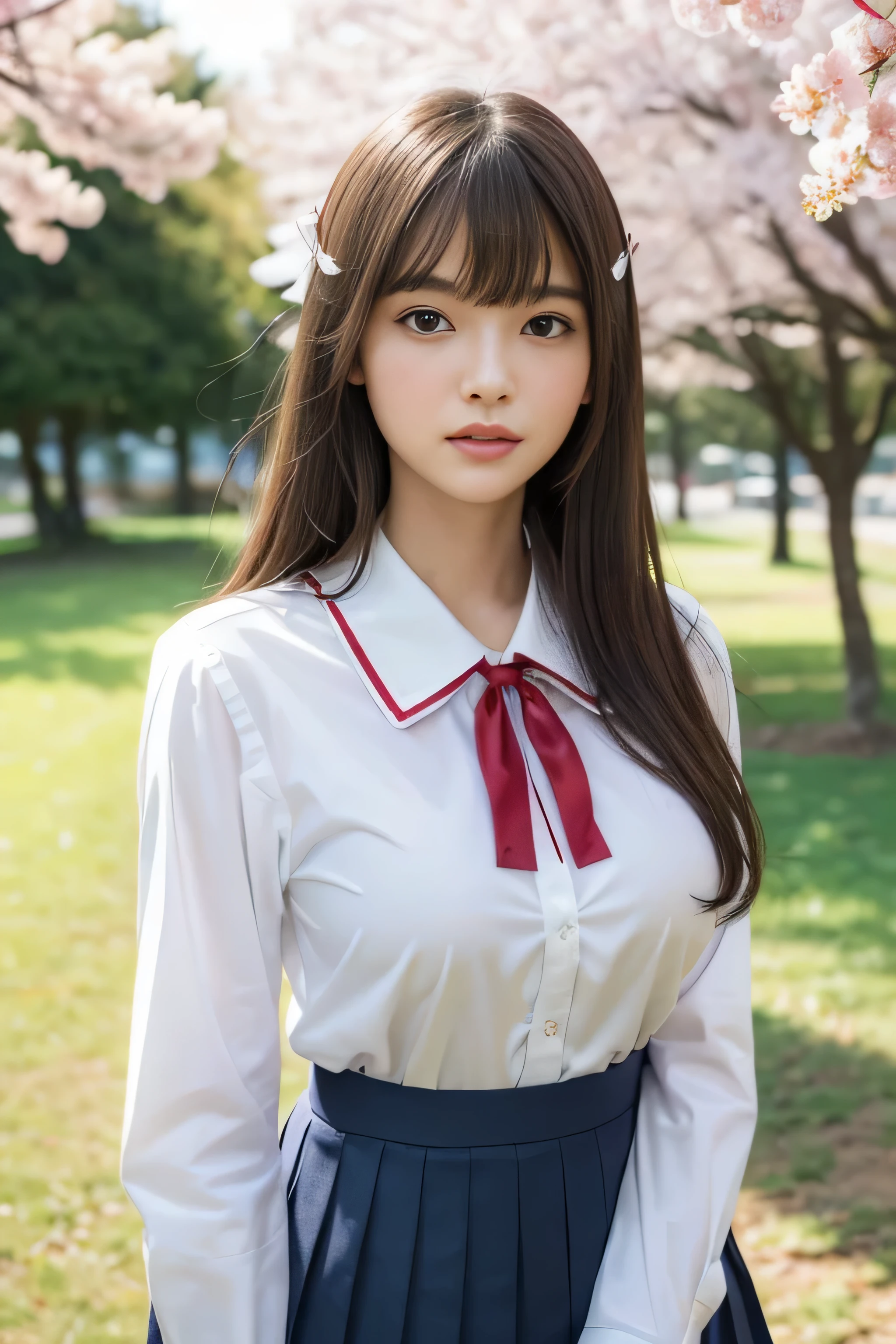 1 female, close up of face, huge ,light brown hair, blunt bangs, hair behind the ear, hair over shoulders, long hair, slender body shape, ultra fine face, narrow side, delicate lips, beautiful eyes, light blush, eyes are light brown, perfect shiny skin, perfect skin, Shining sweat,See here, extra thin hands, Super thin fingers:real:1.3), Cherry blossom tree park, first person perspective, fujifilm, 8K, muste piece, ticker, super detail, high quality, best quality, High resolution, ((Don&#39;t show your fingers))、golden hour　beautiful light,  (((school girl uniform)))、(((White Short Sleeve Low Cut Button Front Shirt、red ribbon)))、((Ultra Micro Mini Dark Blue Pleated Skirt)) ((huge boobs)),((Very thin pure white long sleeve shirt:1.2))