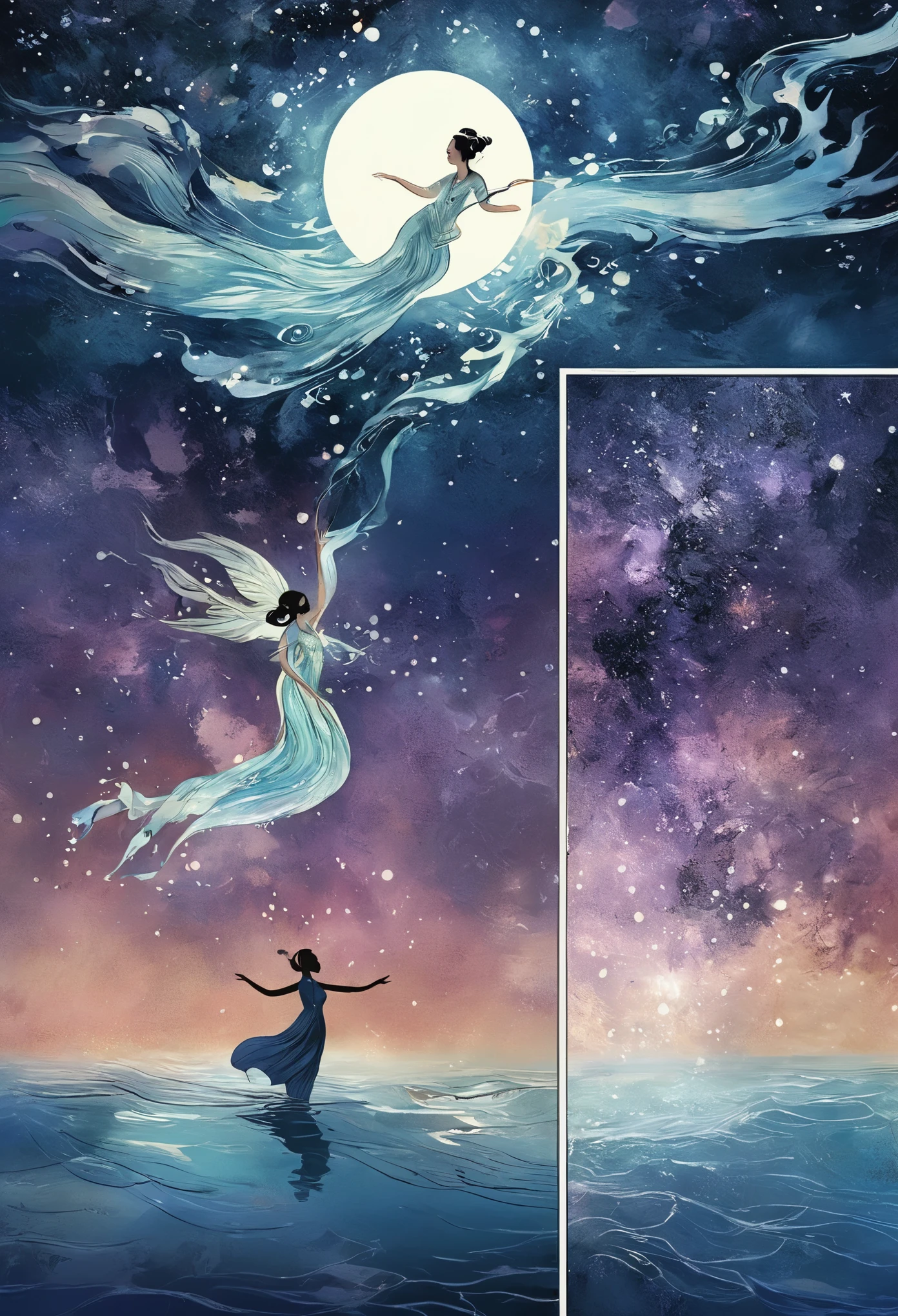 comic storyboard:1.8, Comics-like panel 布局,Silhouette of a Chinese fairy with open arms，Bend one leg and liftanding on one leg on the sea reflecting the starlight，Wearing translucent dancer pantsuit and silk top，Ayara satin，Background is starry night sky with yin and yang symbol composed of cool toned nebulae and dark cosmic fields， Loose style, intricate details, Light, octane rendering, anatomically correct，((best quality)), ((masterpiece)), ((actual))，ultra high definition,8k rendering, Volumetric ，