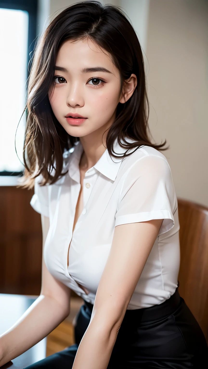 highest quality, Detailed workmanship、high resolution、(8K, High resolution:1.2)、raw photo, photorealistic、slender body shape、high definition face、Face is in focus、close up on face:1.3, high definition eyes、(Focused, symmetrical pupils:1.2)、High-definition and beautiful skin、firm skin、natural makeup、gross lip, High-definition hair texture、masterpiece、japanese woman、17 years old、very cute, very short hair, (office lady, white shirt, pencil skirt1.3), shirt front open:1.2, (very embarrassed:1.3), (blush:1.3), embarrassed look、(He is looking at the camera with a shy look on his face.:1.3)、I have my mouth slightly open、(various shooting angles:1.3)、medium breast, nsfw