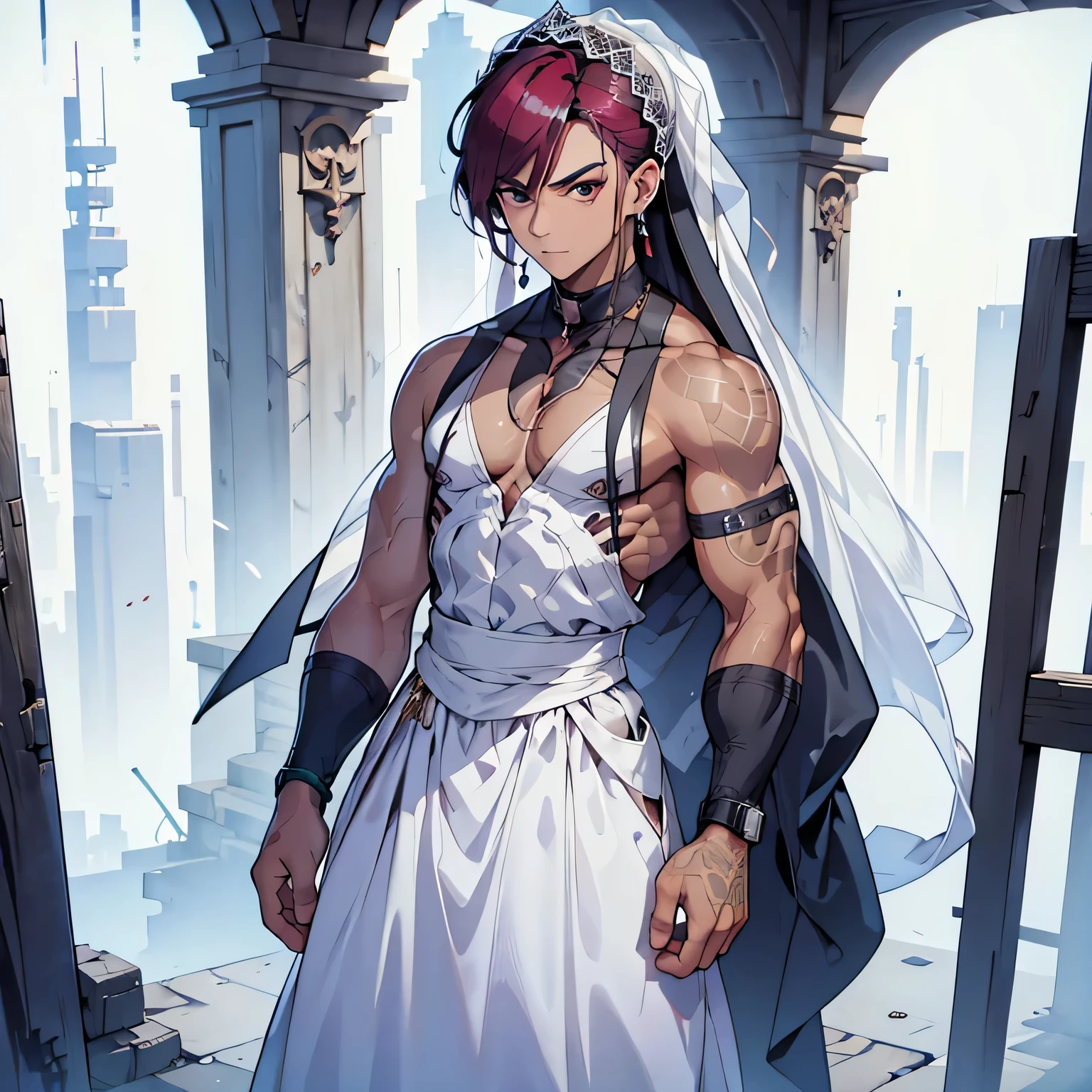 Un hombre musculoso de cabello corto color vinotinto , wearing a white wedding dress with a sweetheart neckline and head veil 