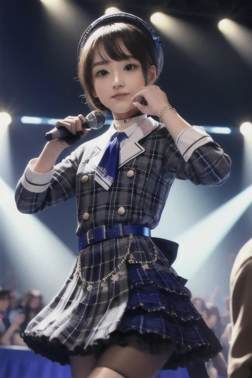 masterpiece, best quality, detailed face,ultra hi res,(a photography of a beautiful girl),photoreaslistic,
(1girl:1.2),
kawaii,
stageidol,suisei cos , gloves, plaid,  black gloves, choker, star (symbol),partially fingerless gloves, belt, plaid dress,plaid skirt, skirt, bracelet, shirt, buttons, blue belt,ascot,double-breasted,   blue ascot, plaid jacket, jacket, collared shirt, dress,grey jacket, black choker, long sleeves,blue ribbon, blue choker, grey skirt,jewelry,bracelet ,thigh strap, single thighhigh, socks,
beret, hat,plaid headwear, grey headwear,crown,
BREAK
(small breasts:1.2)  (flat_chest:1.2),
(slender),
singing,
(stage,Spotlight:1.2),
holding  microphone,
(crowd:1.2),
dynamic pose,(cowboy shot:1.2),