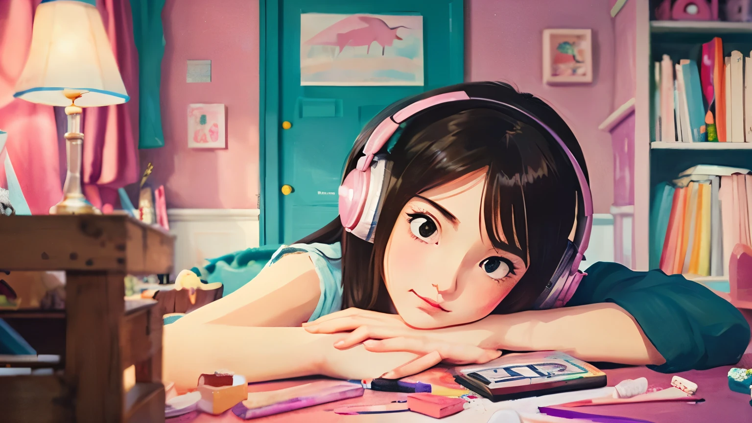 Small face, pretty 17 year old girl listening to music in a corner of a pink room, painting, detailed work, delicate, sense of depth, anime style, large room, cluttered, immersed, colorful, urban, city center, cutting edge, cat


