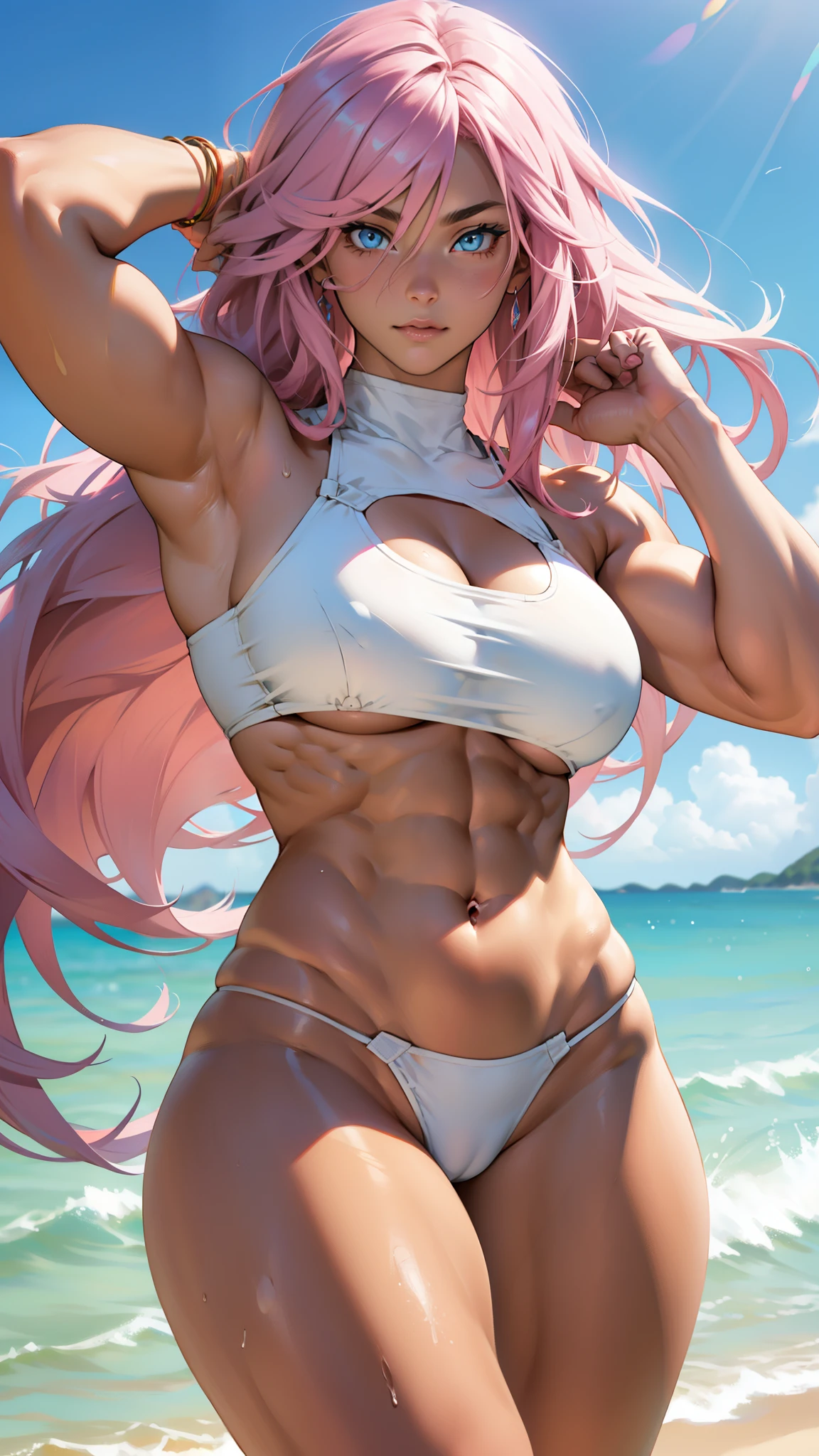 Pink hair, very long hair, light blue eyes, thick thighs, huge breasts, ((muscular)), tan skin, white bikini ripping from tightness, toned body, 1 girl